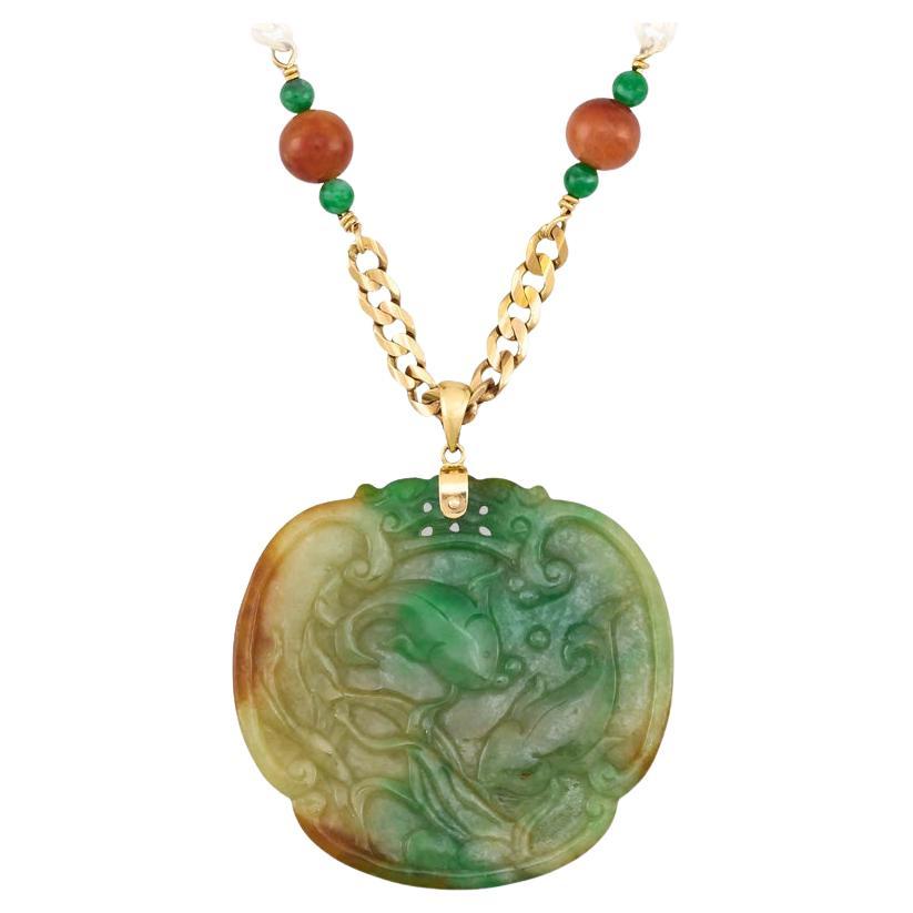 Certified Natural Tri-Color Jadeite Jade Medallion & 14K Yellow Gold Necklace