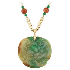 Certified Natural Tri-Color Jadeite Jade Medallion & 14K Yellow Gold Necklace