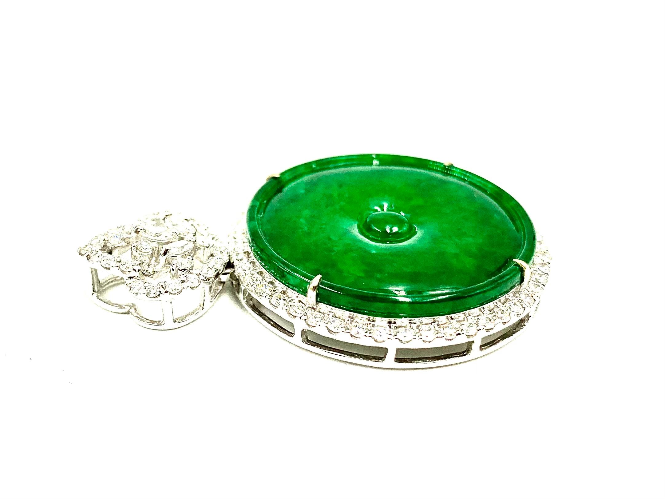 Art Deco Certified Natural Type A 66.73 Carat Green Jade Disc, Diamond, 18K Gold Pendant For Sale