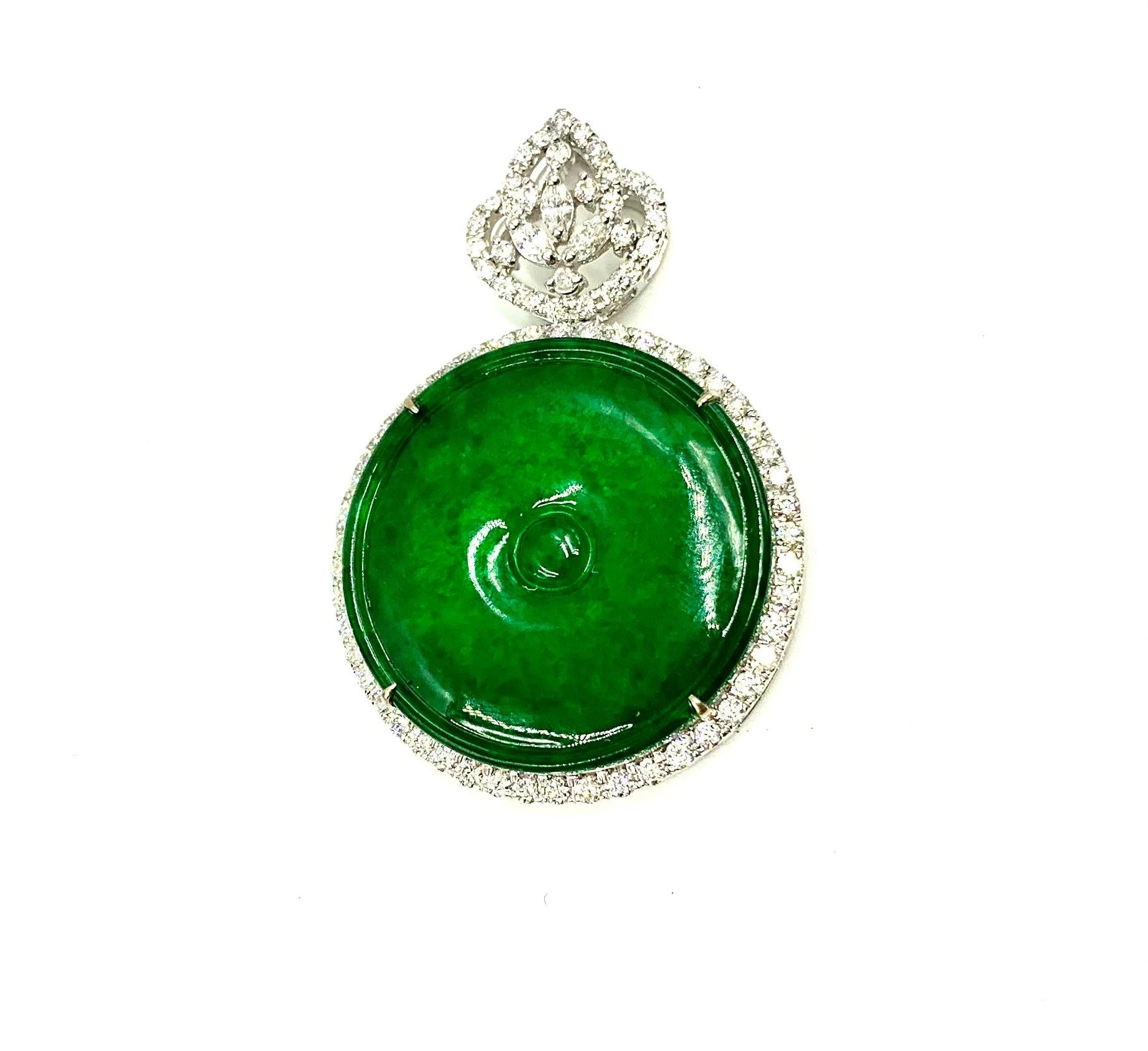 Women's or Men's Certified Natural Type A 66.73 Carat Green Jade Disc, Diamond, 18K Gold Pendant For Sale