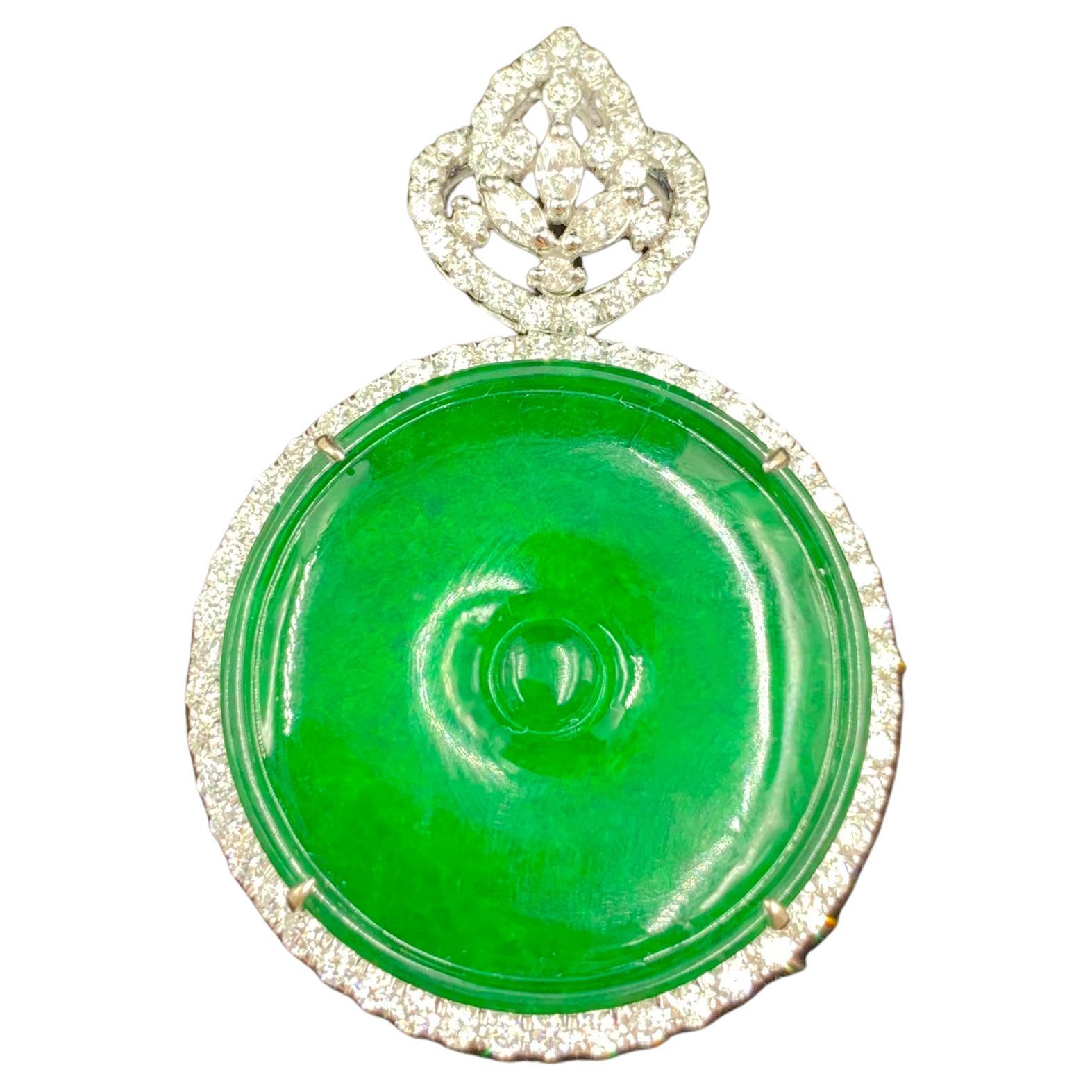 Certified Natural Type A 66.73 Carat Green Jade Disc, Diamond, 18K Gold Pendant For Sale