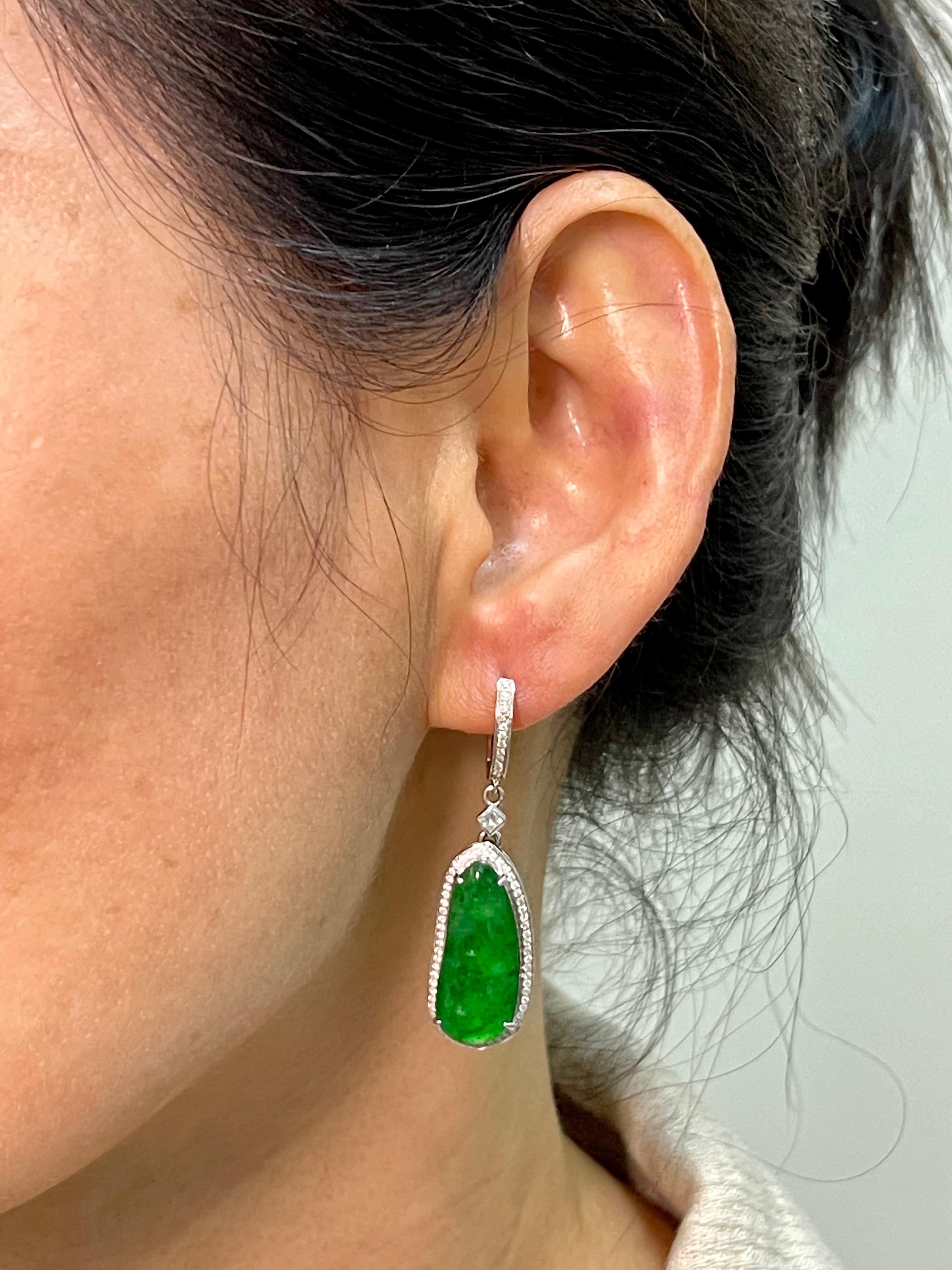 Certified Natural Type A Icy Jade Peapod Diamond Earrings, Glowing Apple Green For Sale 2