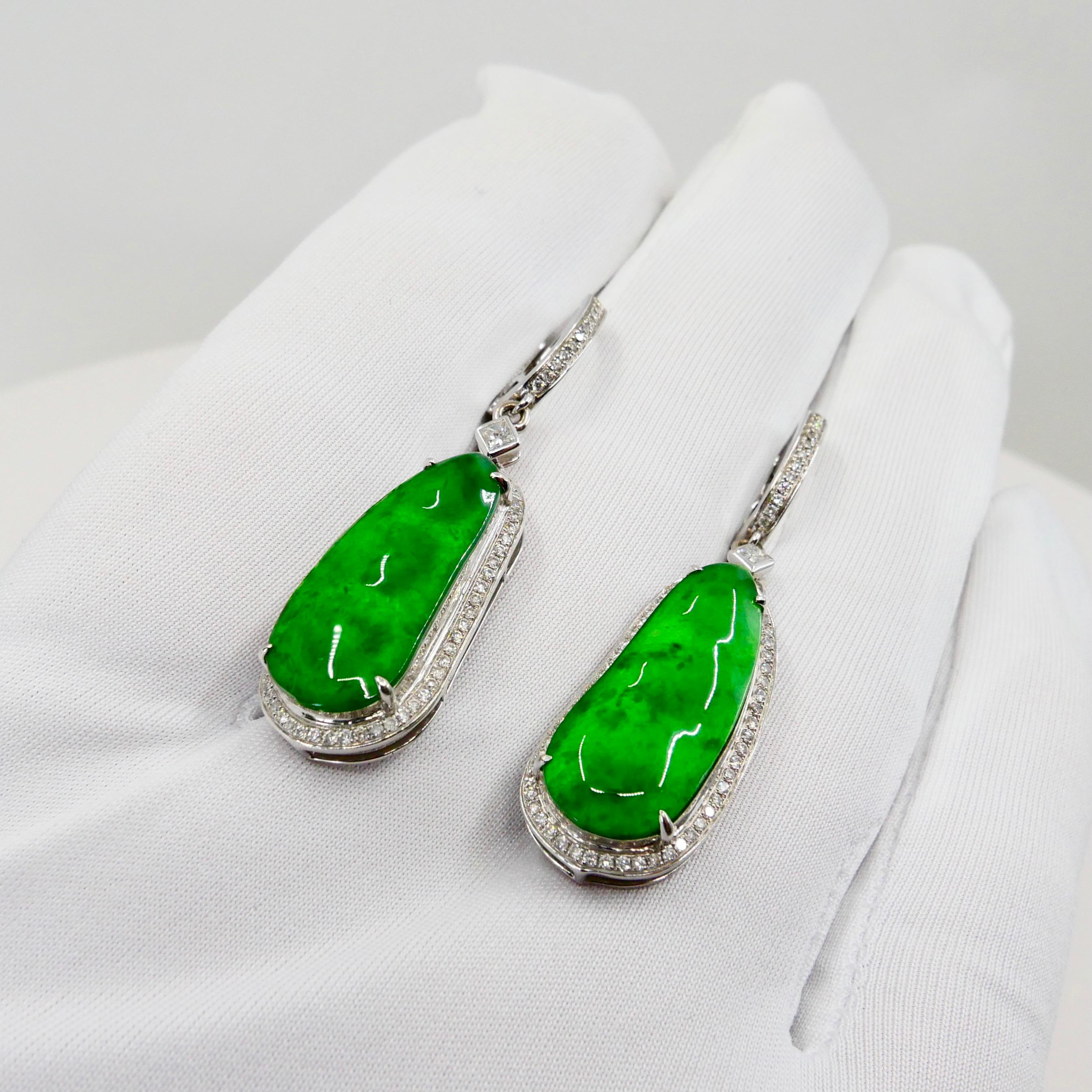 Certified Natural Type A Icy Jade Peapod Diamond Earrings, Glowing Apple Green For Sale 3