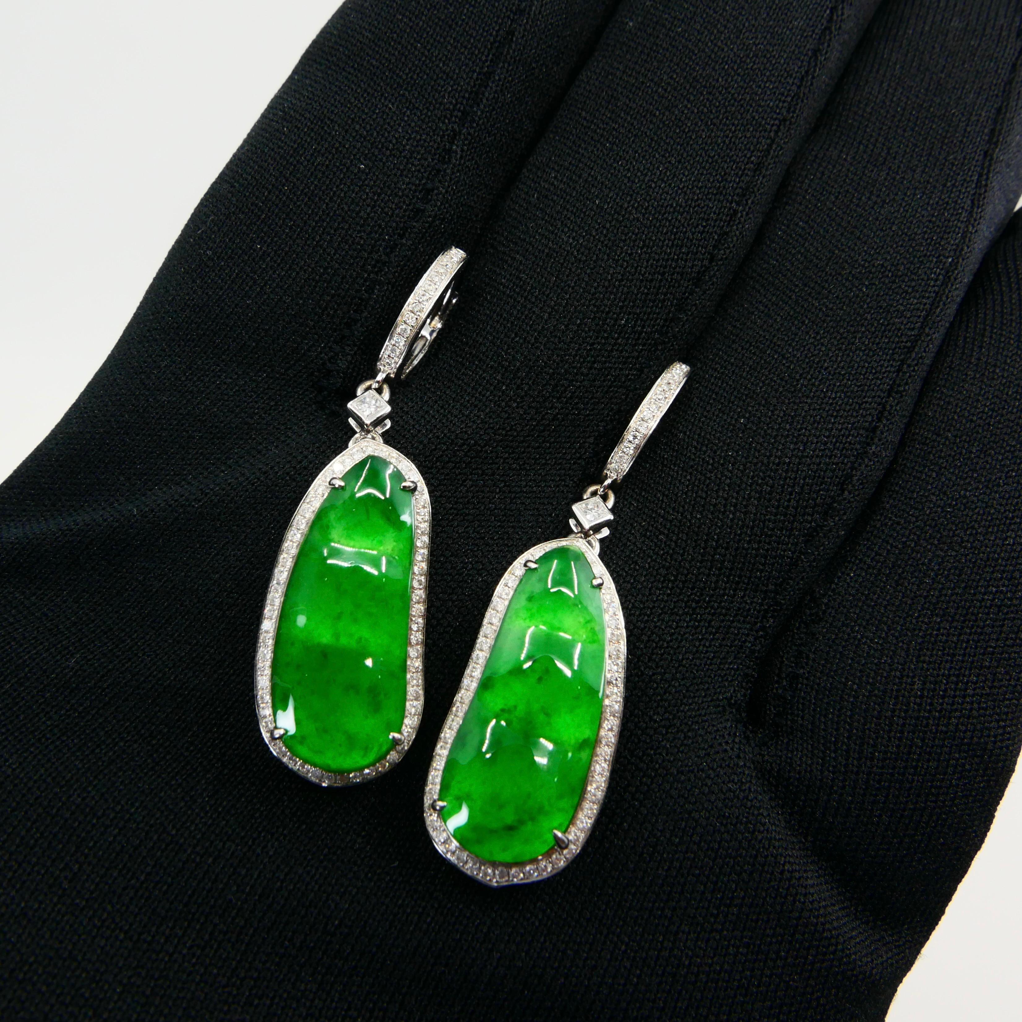 Certified Natural Type A Icy Jade Peapod Diamond Earrings, Glowing Apple Green For Sale 4