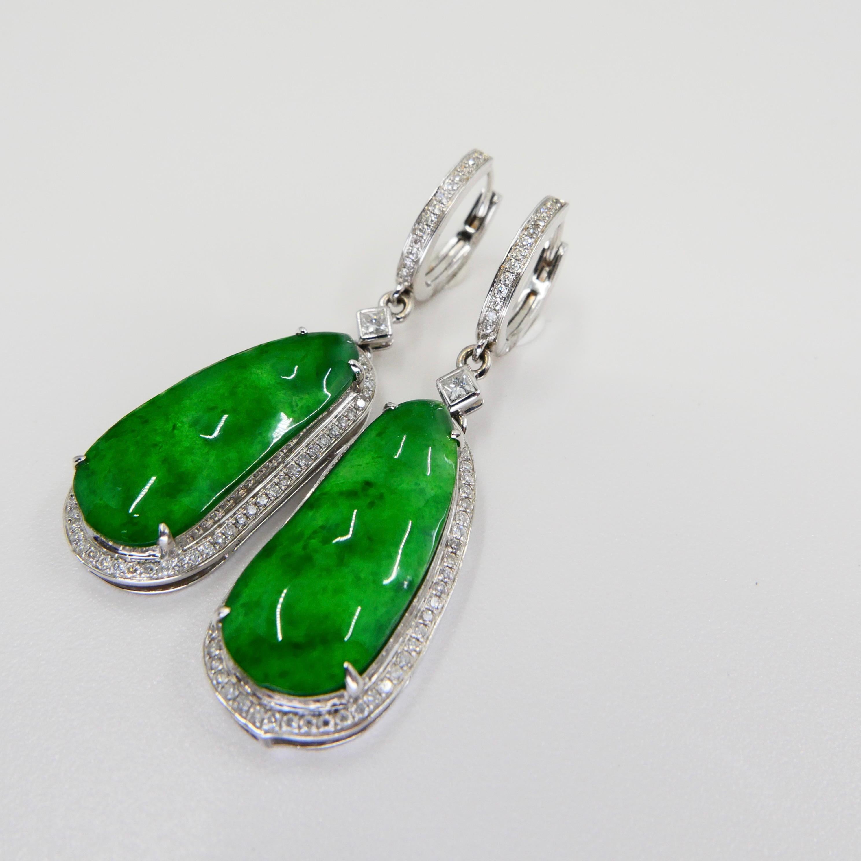 Certified Natural Type A Icy Jade Peapod Diamond Earrings, Glowing Apple Green For Sale 5