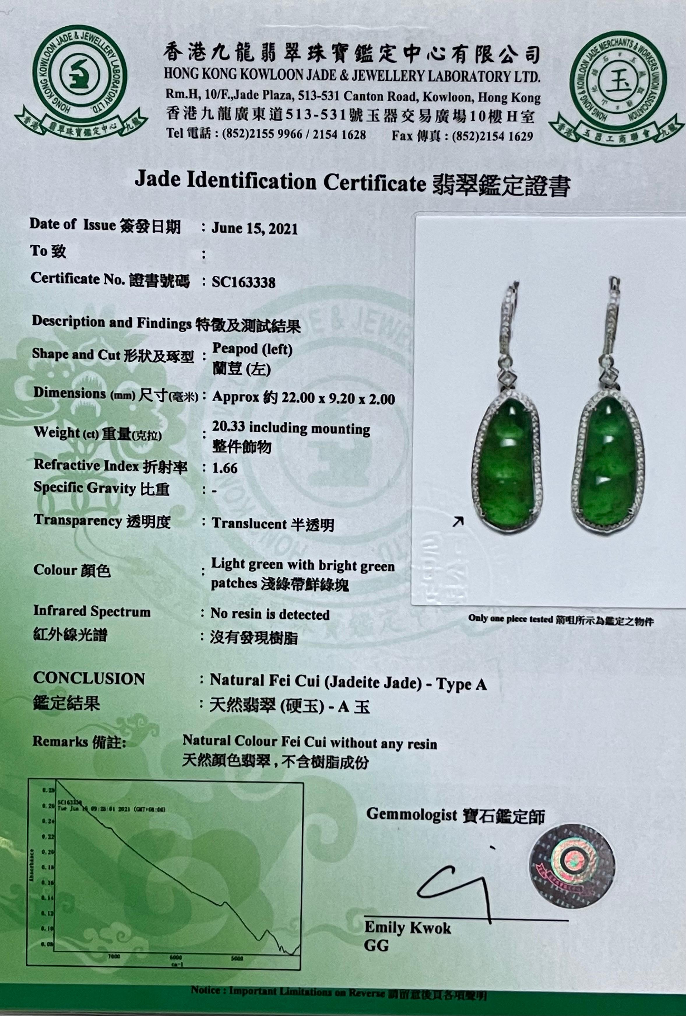 Certified Natural Type A Icy Jade Peapod Diamond Earrings, Glowing Apple Green For Sale 7