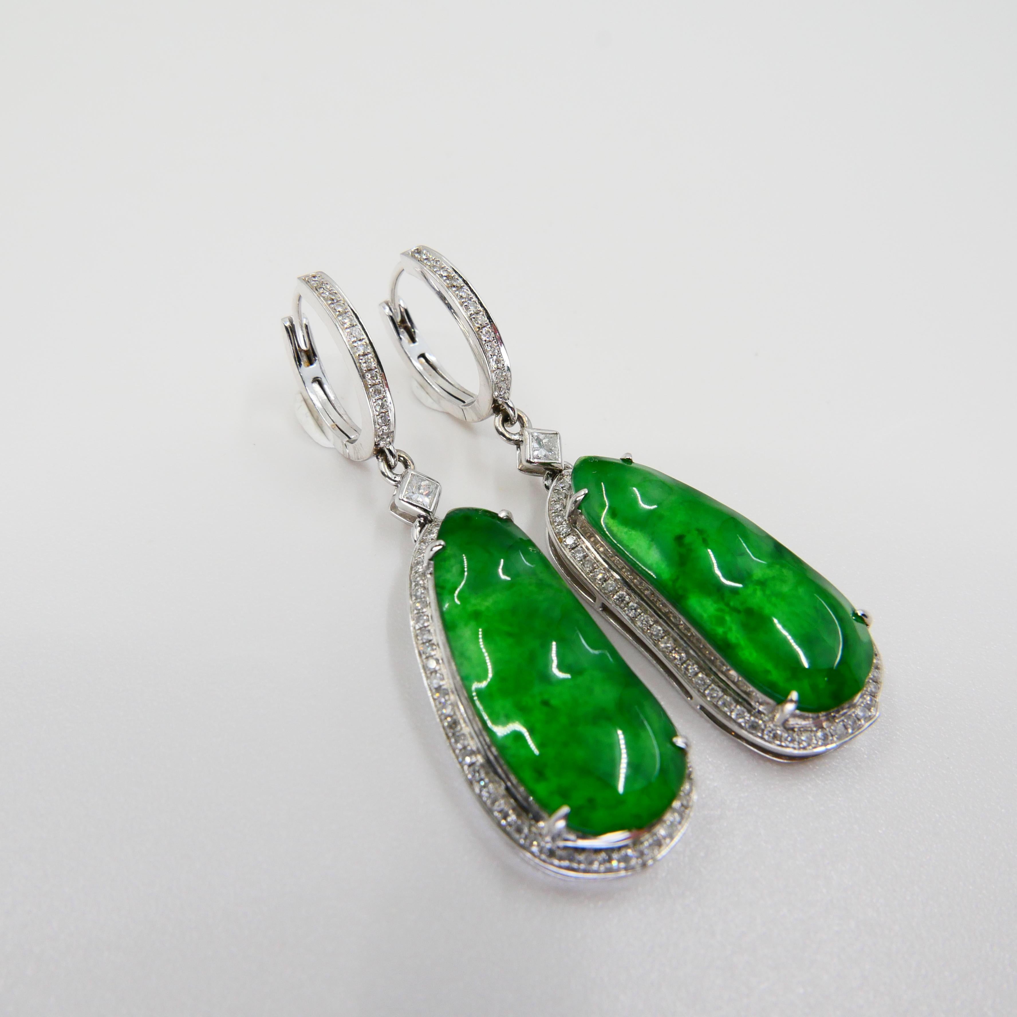 Rough Cut Certified Natural Type A Icy Jade Peapod Diamond Earrings, Glowing Apple Green For Sale