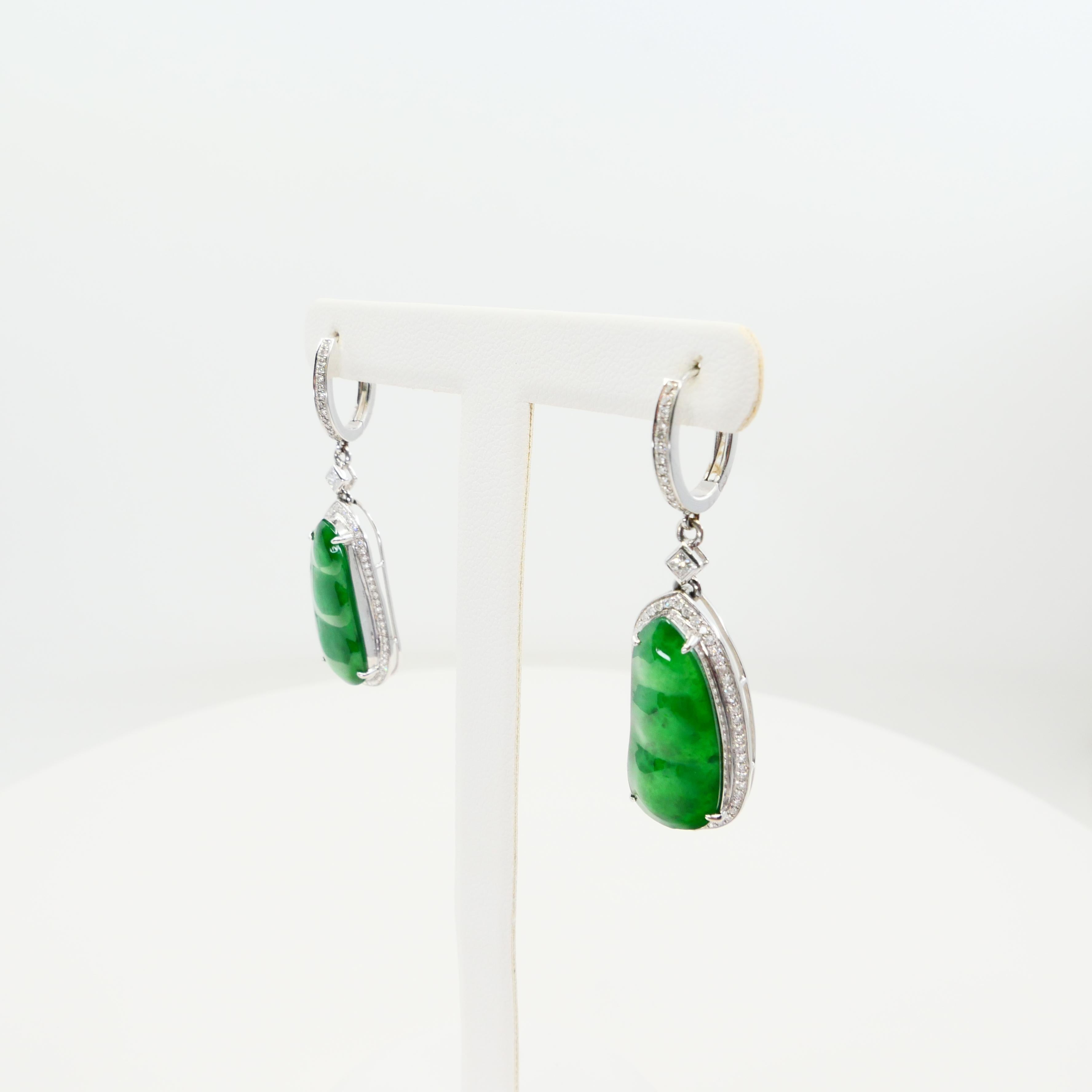 Women's Certified Natural Type A Icy Jade Peapod Diamond Earrings, Glowing Apple Green For Sale