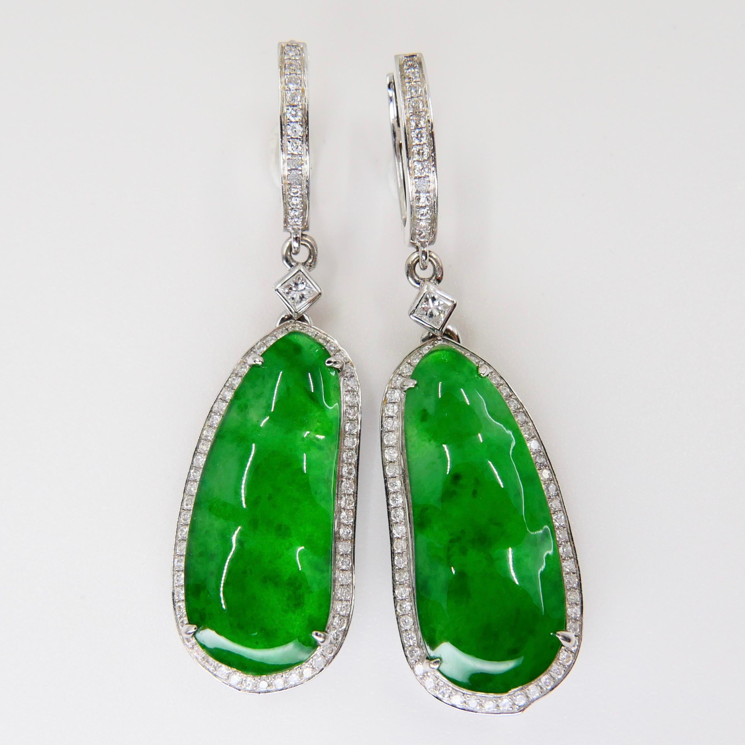 Certified Natural Type A Icy Jade Peapod Diamond Earrings, Glowing Apple Green For Sale 1