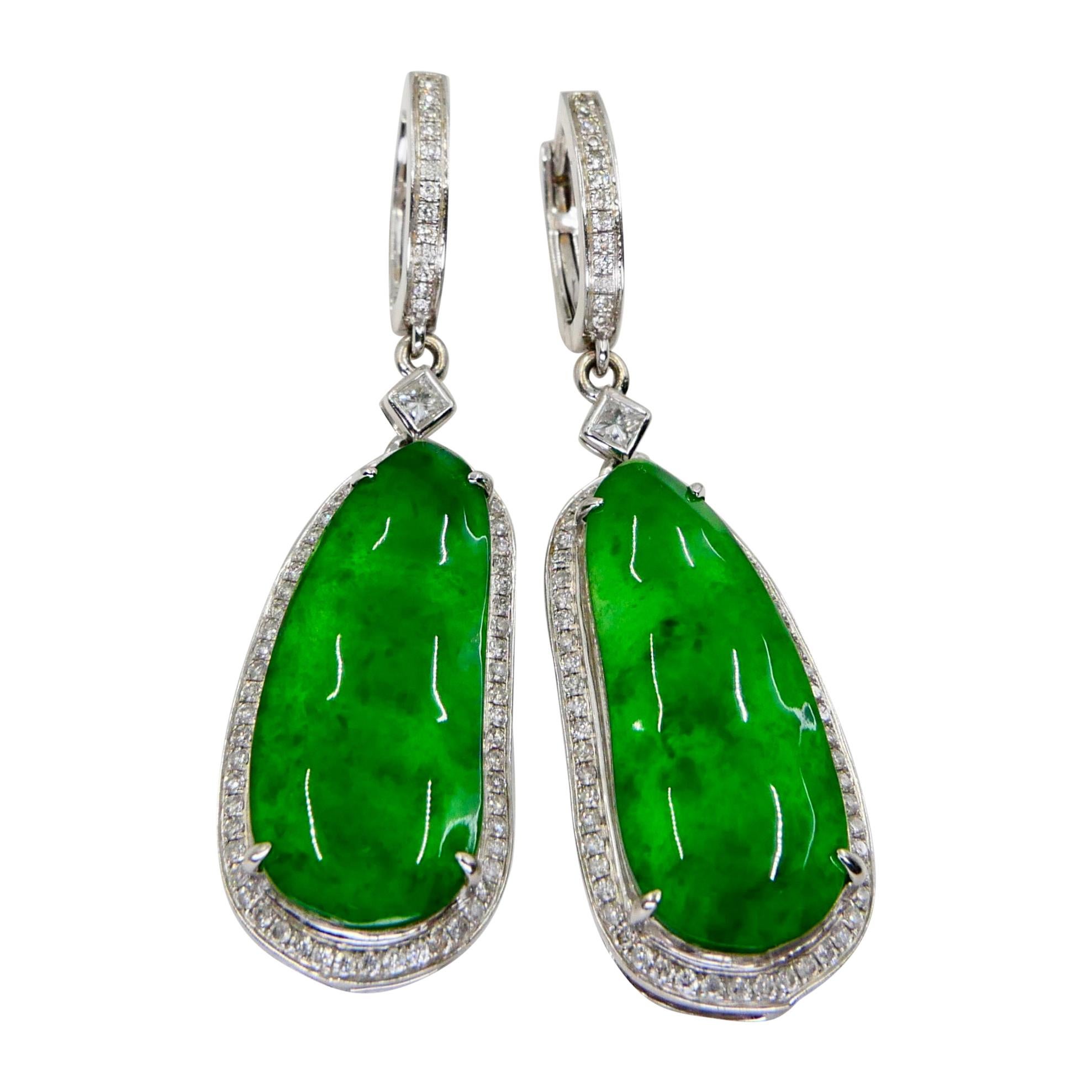 Certified Natural Type A Icy Jade Peapod Diamond Earrings, Glowing Apple Green For Sale