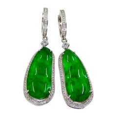 Certified Natural Type A Icy Jade Peapod Diamond Earrings, Glowing Apple Green