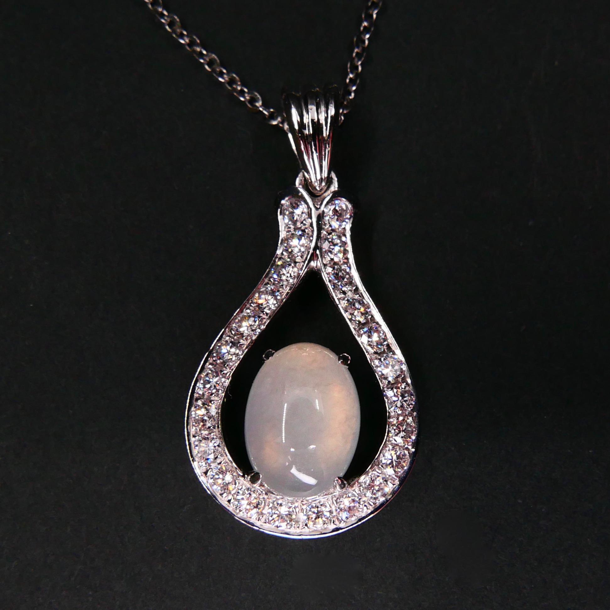 Oval Cut Certified Natural Type A Icy Jadeite Jade and Diamond Pendant Drop Necklace For Sale