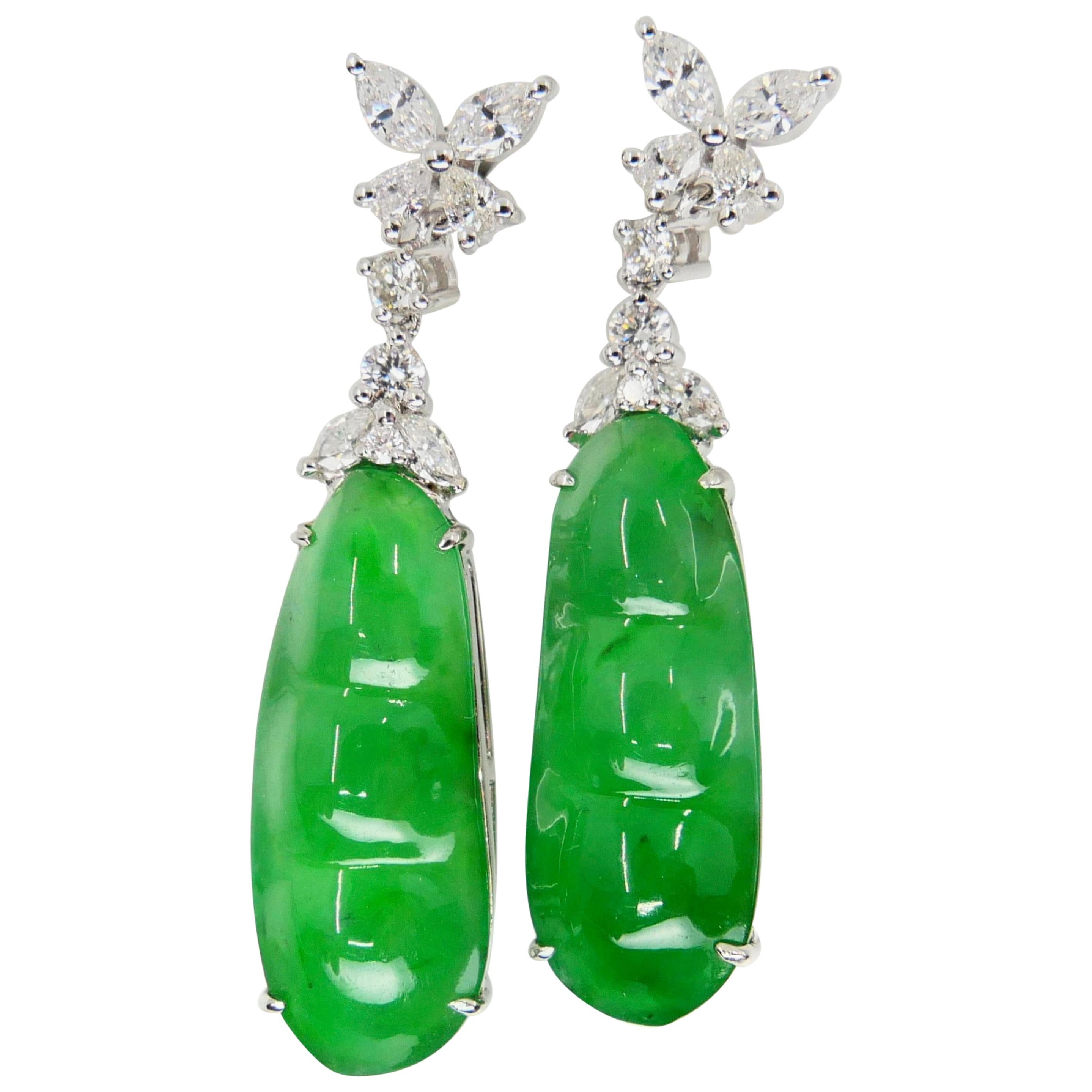 Certified Natural Type A Icy Peapod Jade and Diamond Earrings, Apple Green Color For Sale