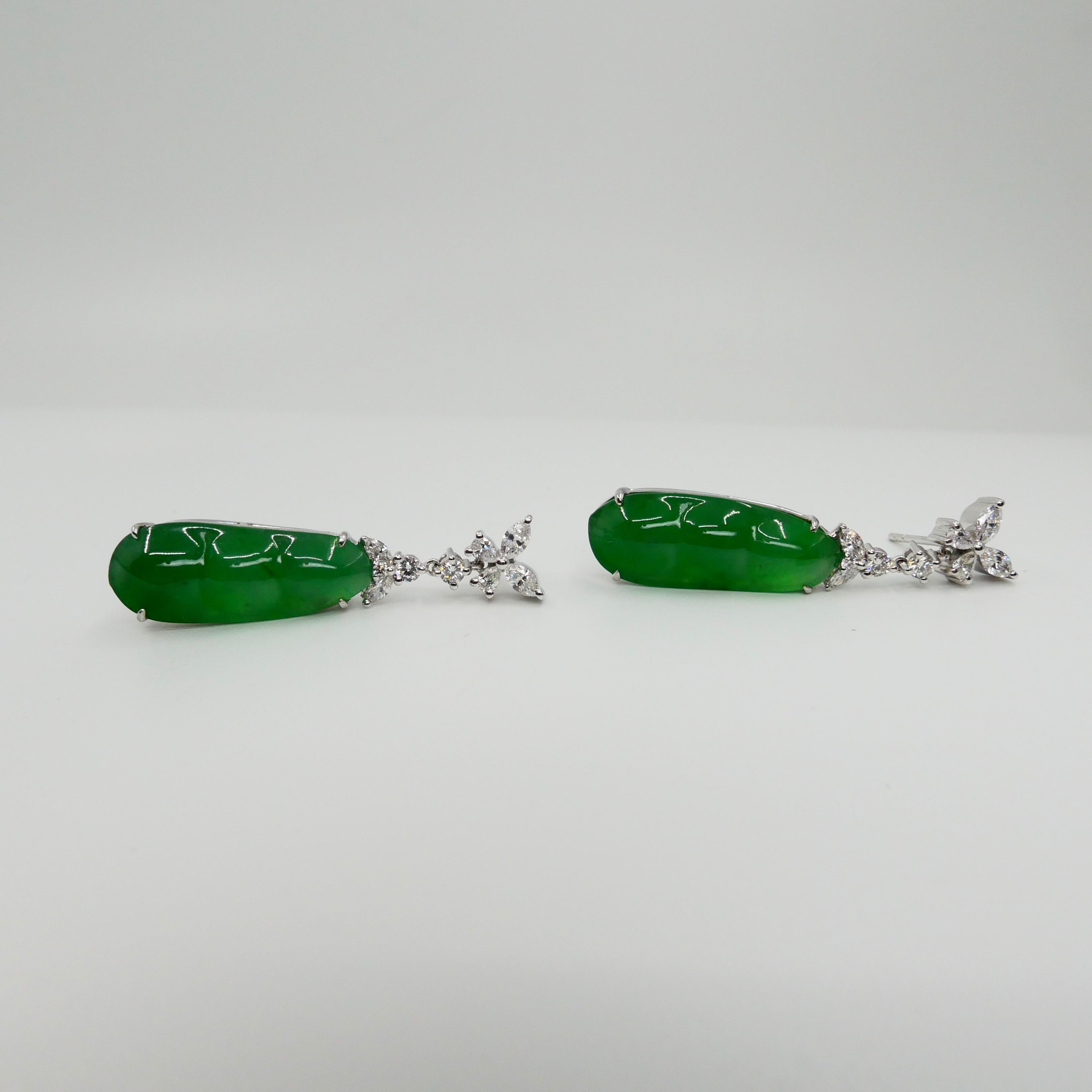 Certified Natural Type A Icy Peapod Jade and Diamond Earrings, Apple Green Color For Sale 2