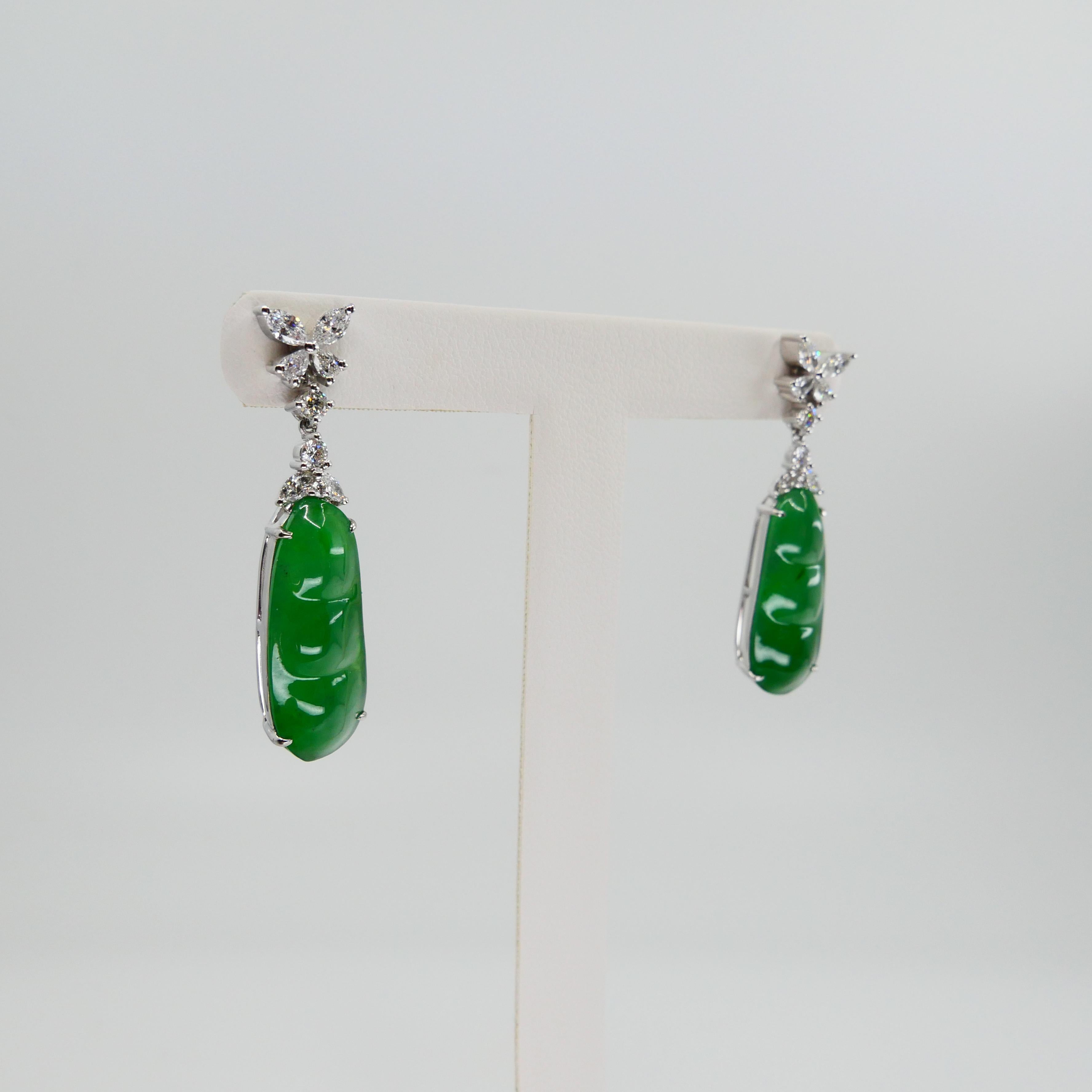 Certified Natural Type A Icy Peapod Jade and Diamond Earrings, Apple Green Color For Sale 4