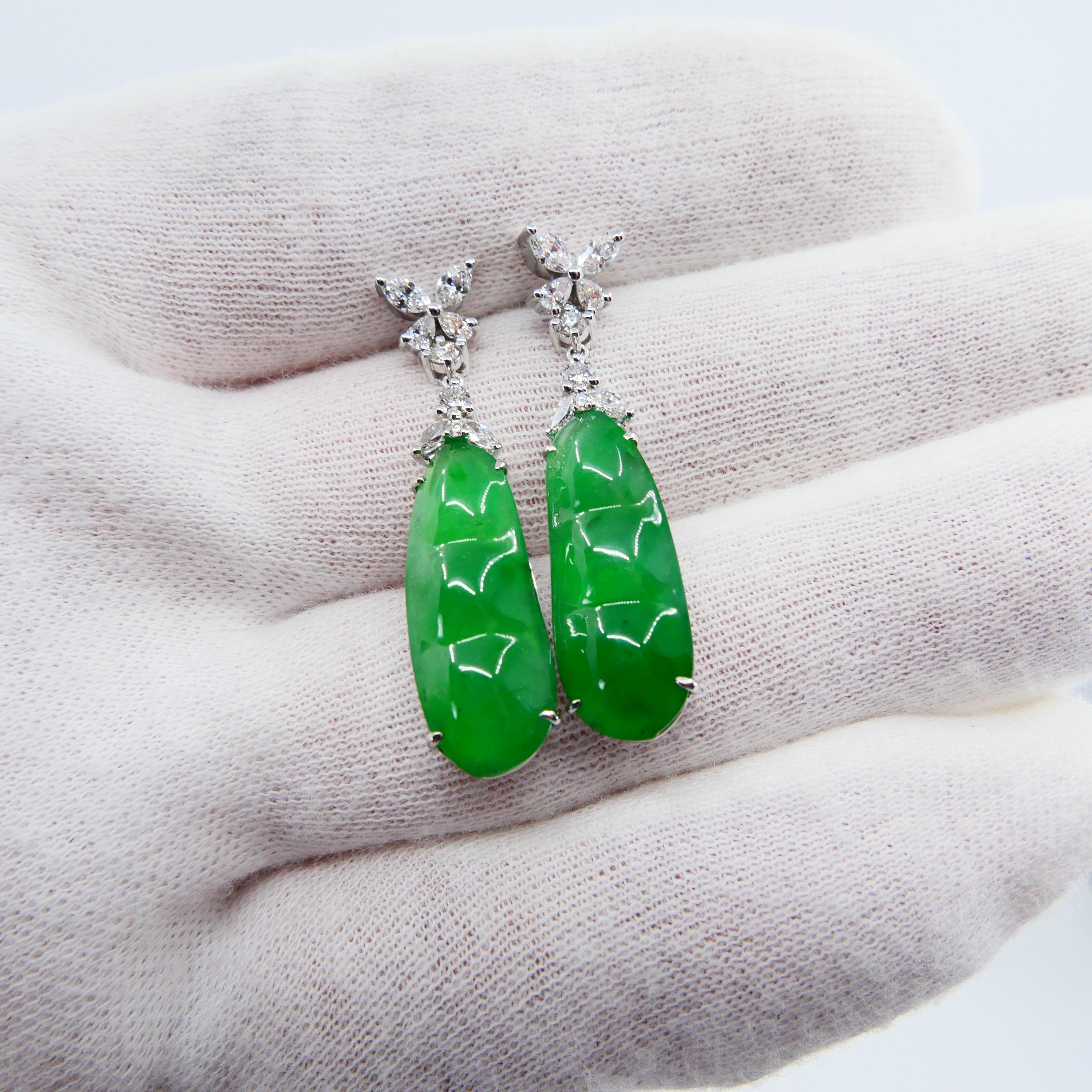Certified Natural Type A Icy Peapod Jade and Diamond Earrings, Apple Green Color For Sale 7