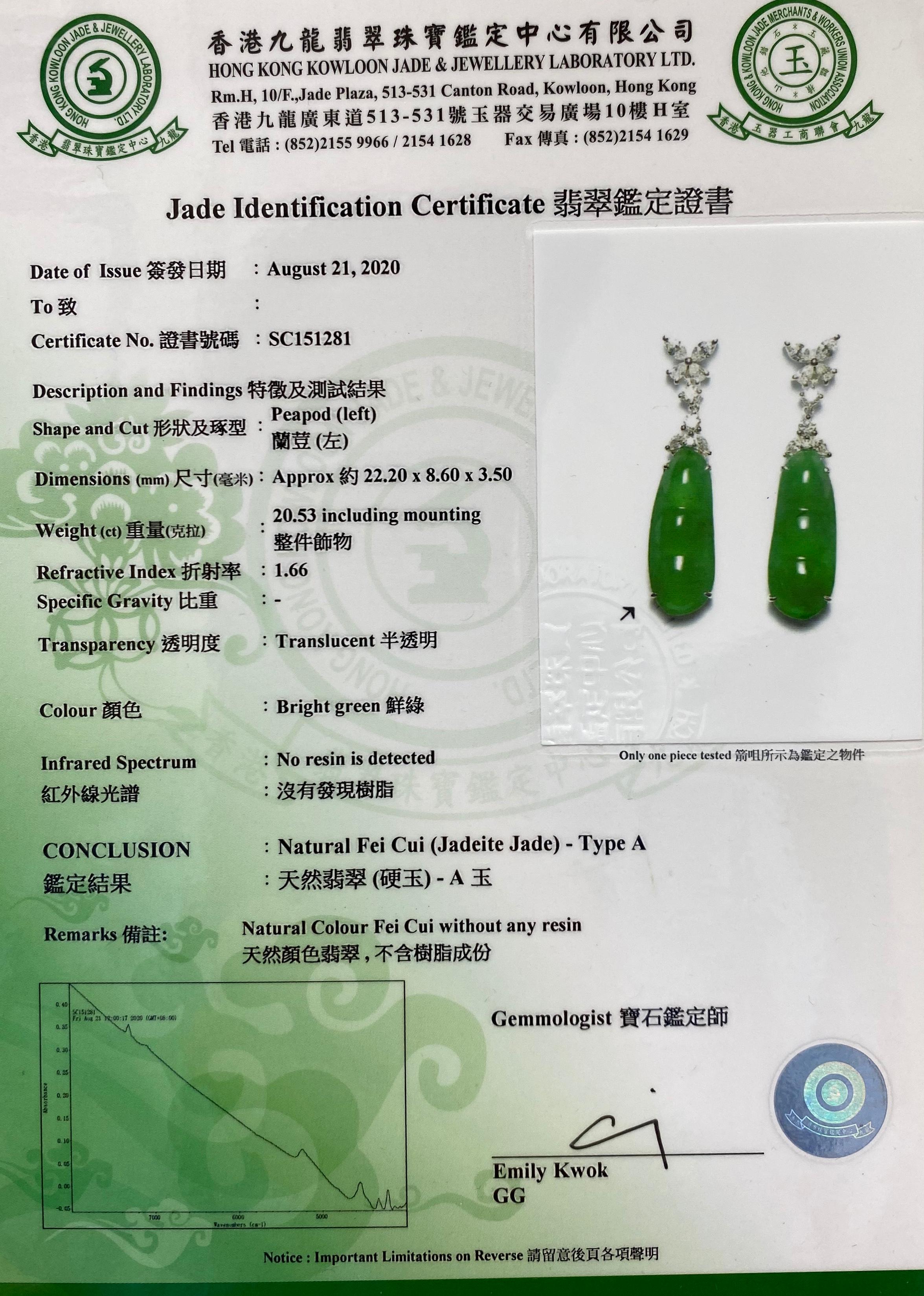 Certified Natural Type A Icy Peapod Jade and Diamond Earrings, Apple Green Color For Sale 9