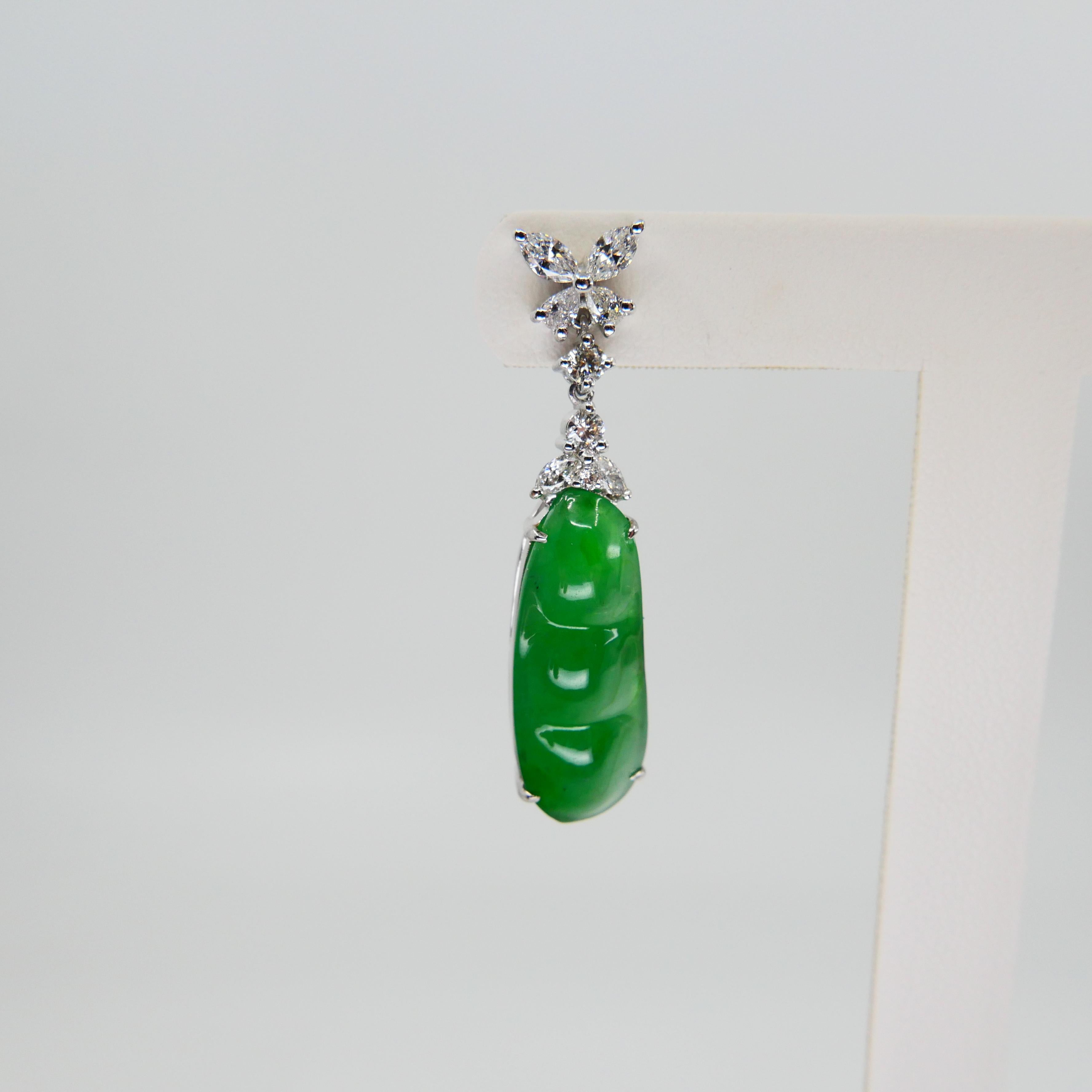 Rough Cut Certified Natural Type A Icy Peapod Jade and Diamond Earrings, Apple Green Color For Sale