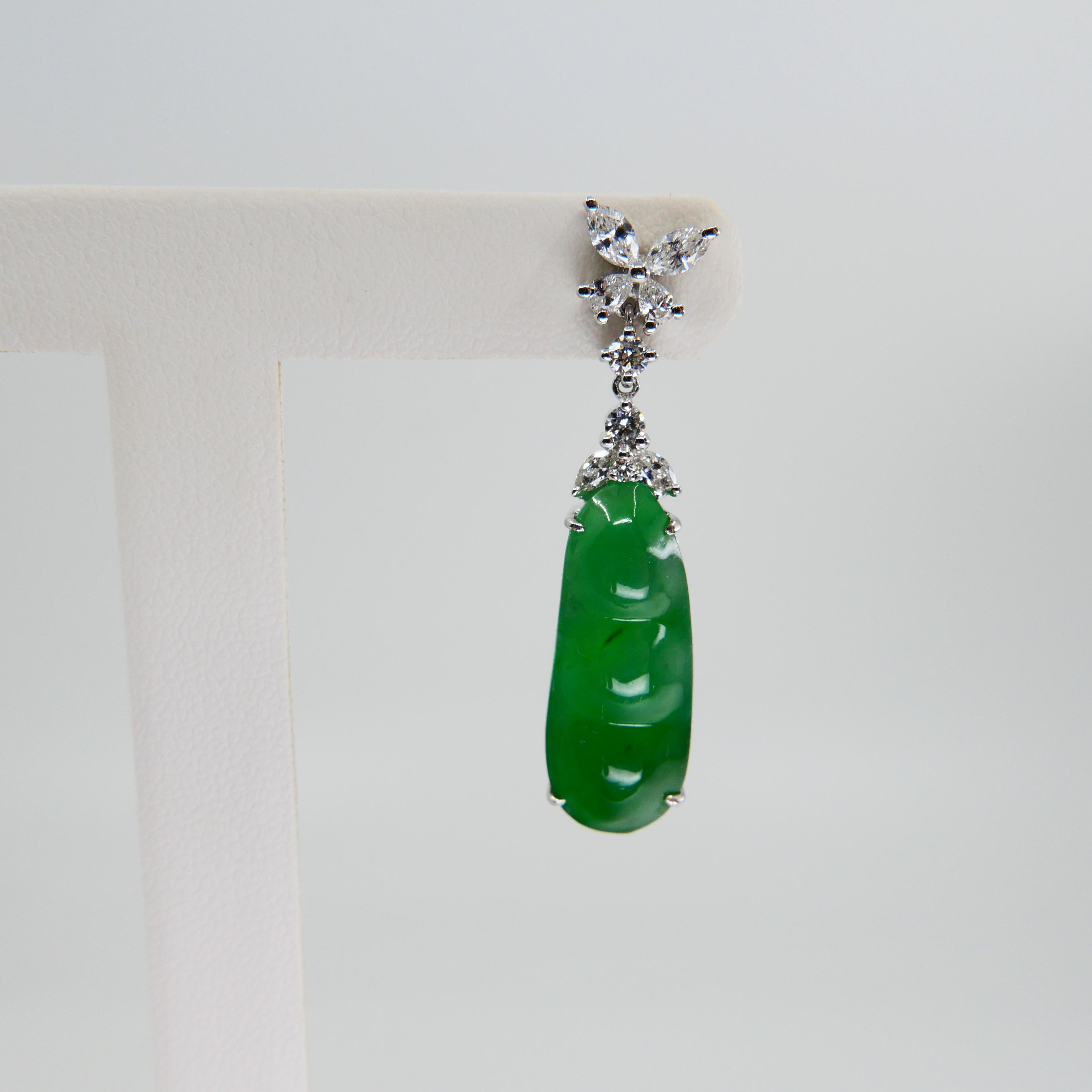Certified Natural Type A Icy Peapod Jade and Diamond Earrings, Apple Green Color In New Condition For Sale In Hong Kong, HK