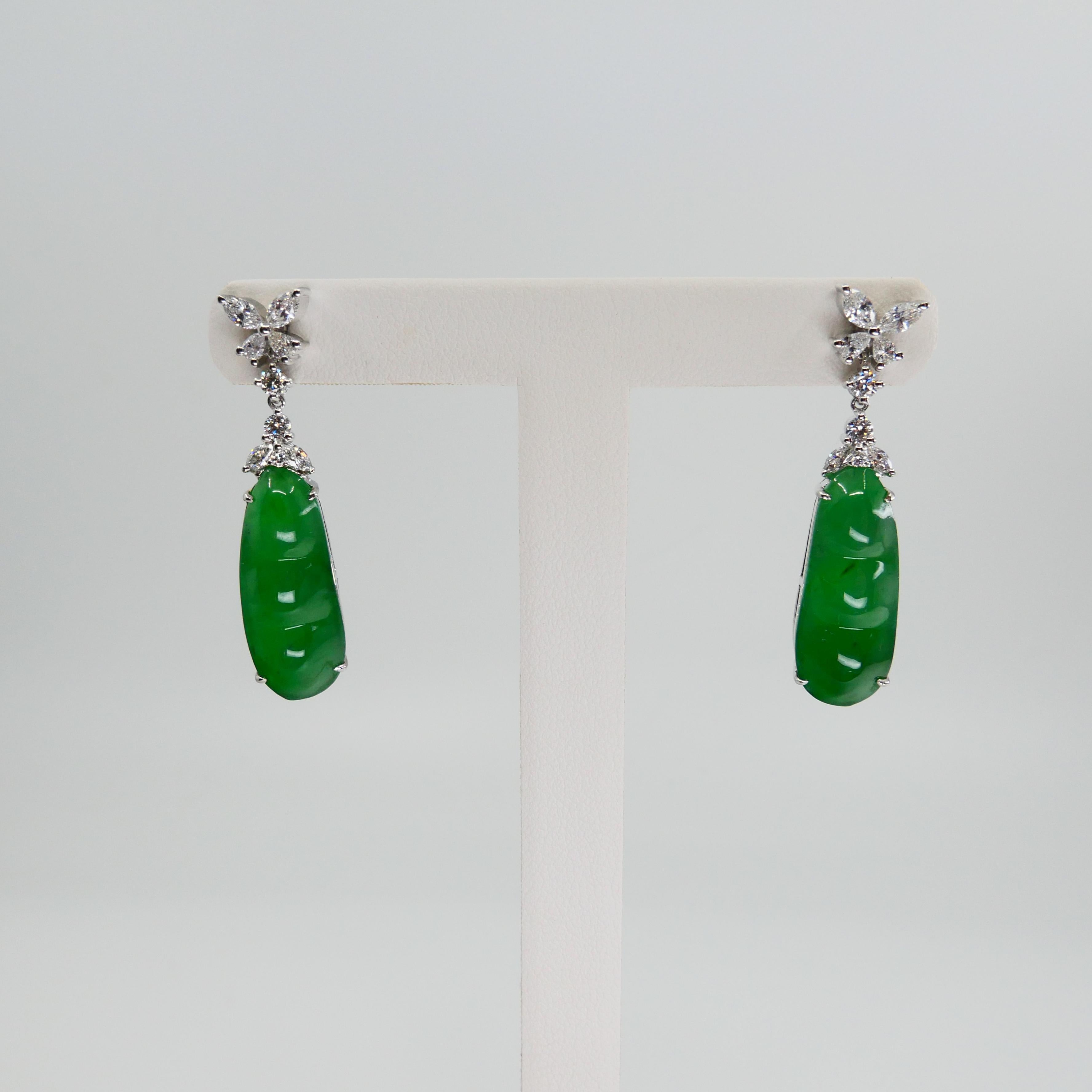Certified Natural Type A Icy Peapod Jade and Diamond Earrings, Apple Green Color For Sale 1