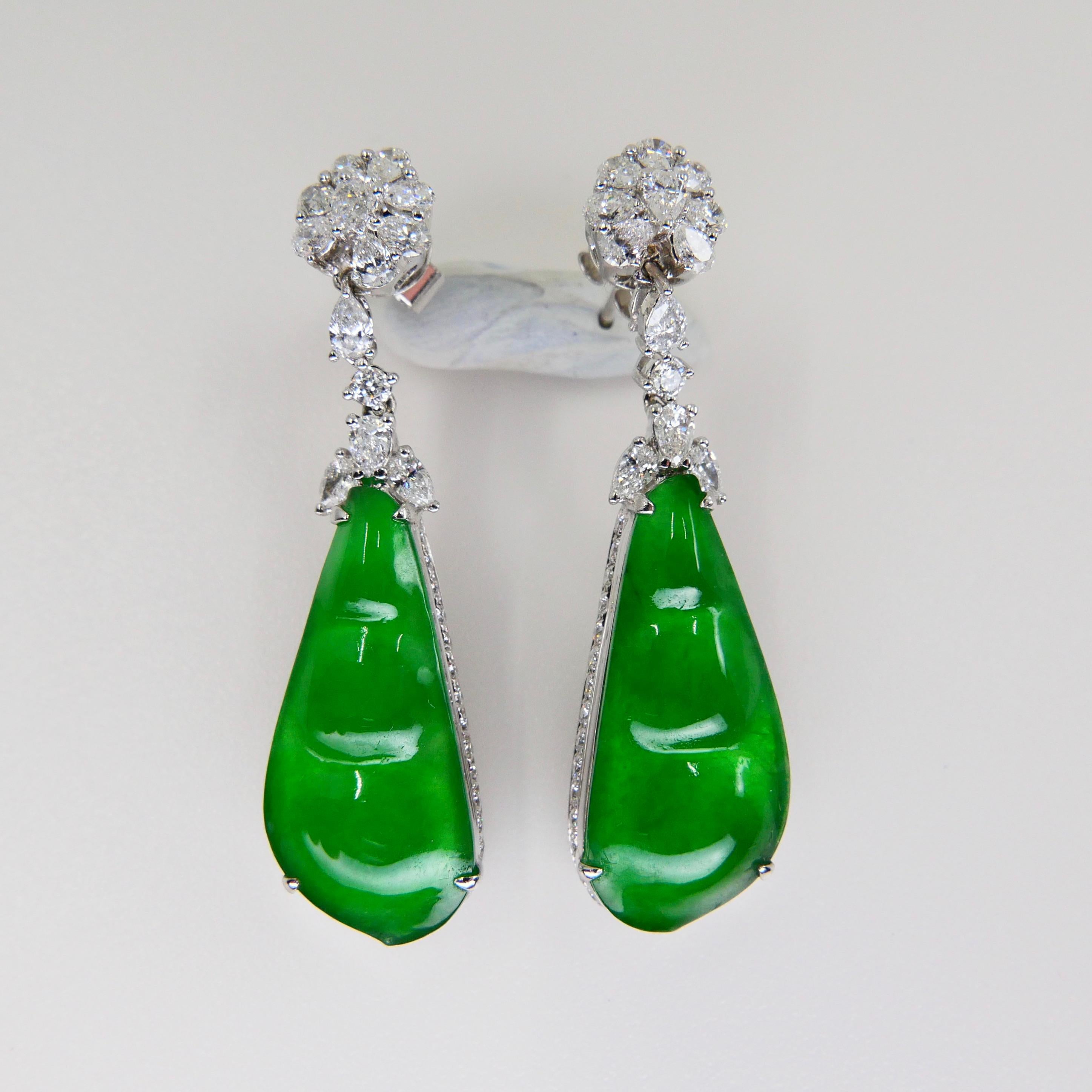 Certified Natural Type A Icy Peapod Jade Diamond Earrings, Intense Apple Green For Sale 3