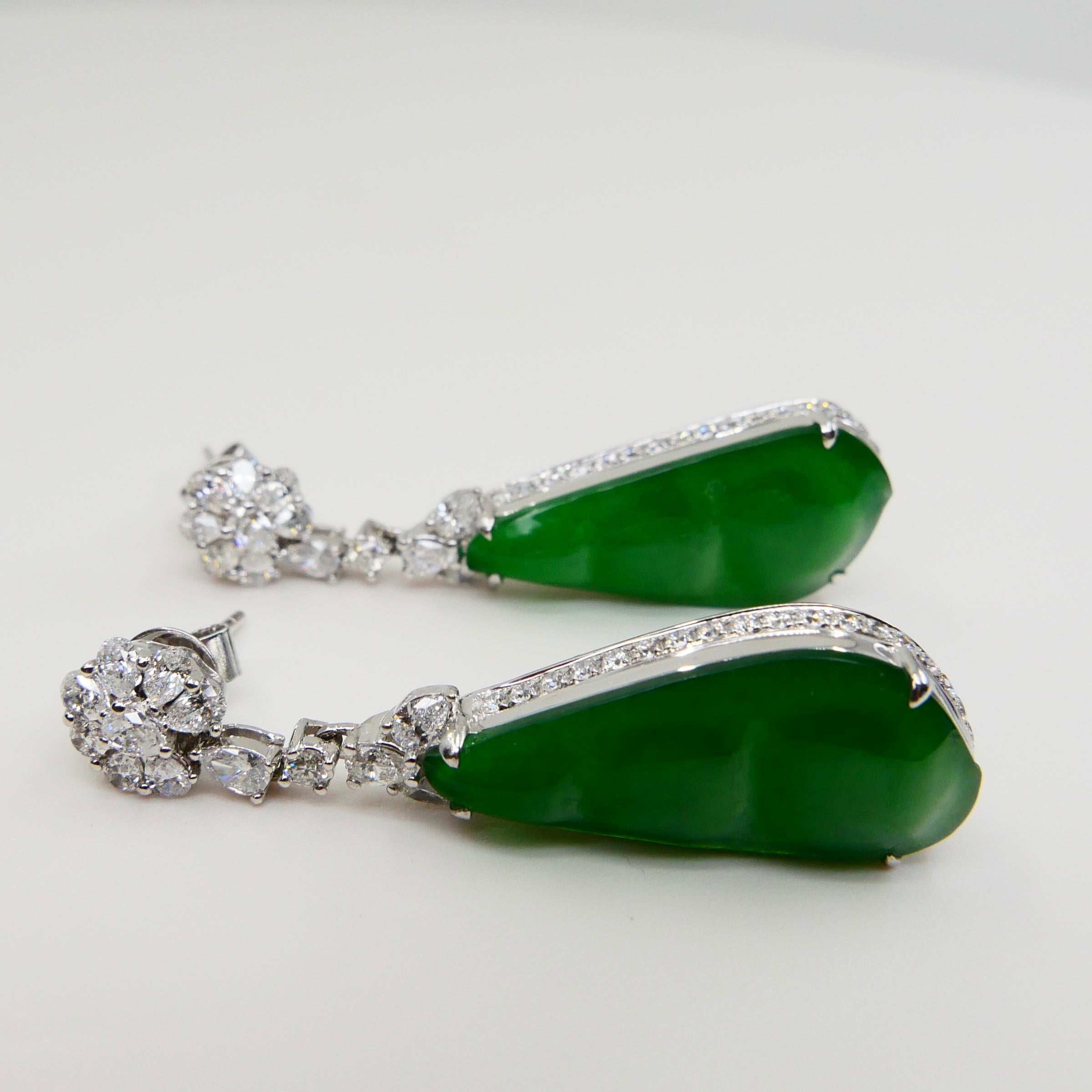 Certified Natural Type A Icy Peapod Jade Diamond Earrings, Intense Apple Green For Sale 4