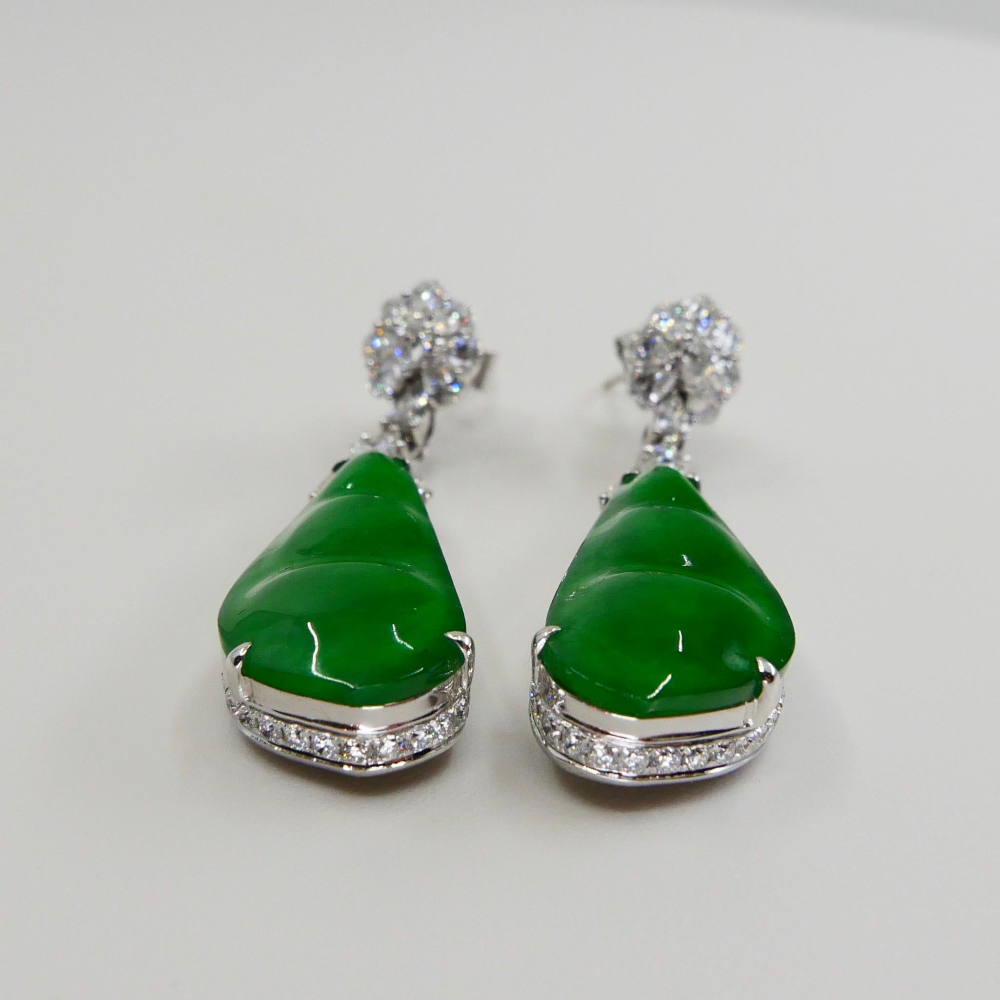 Certified Natural Type A Icy Peapod Jade Diamond Earrings, Intense Apple Green For Sale 5