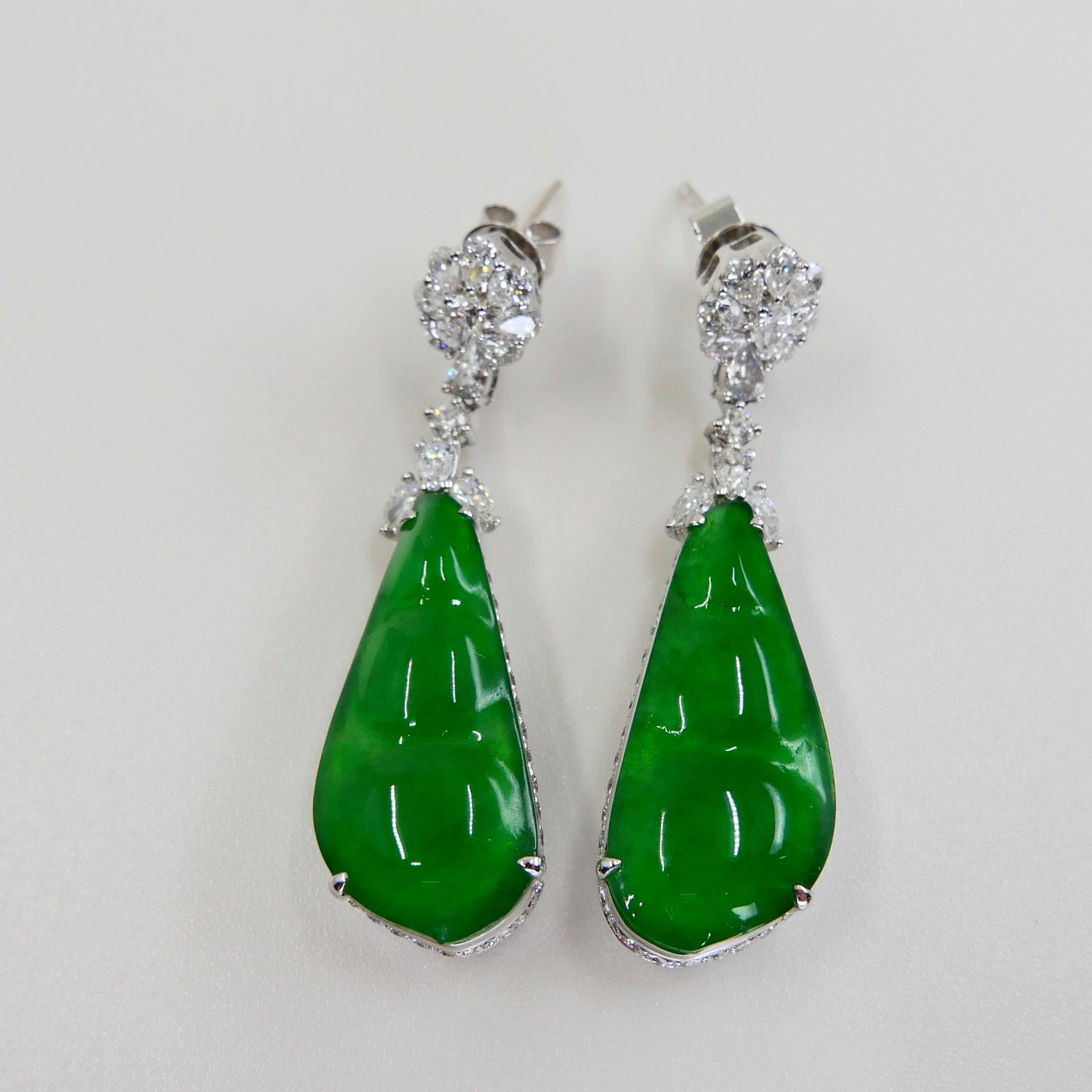 Certified Natural Type A Icy Peapod Jade Diamond Earrings, Intense Apple Green For Sale 6
