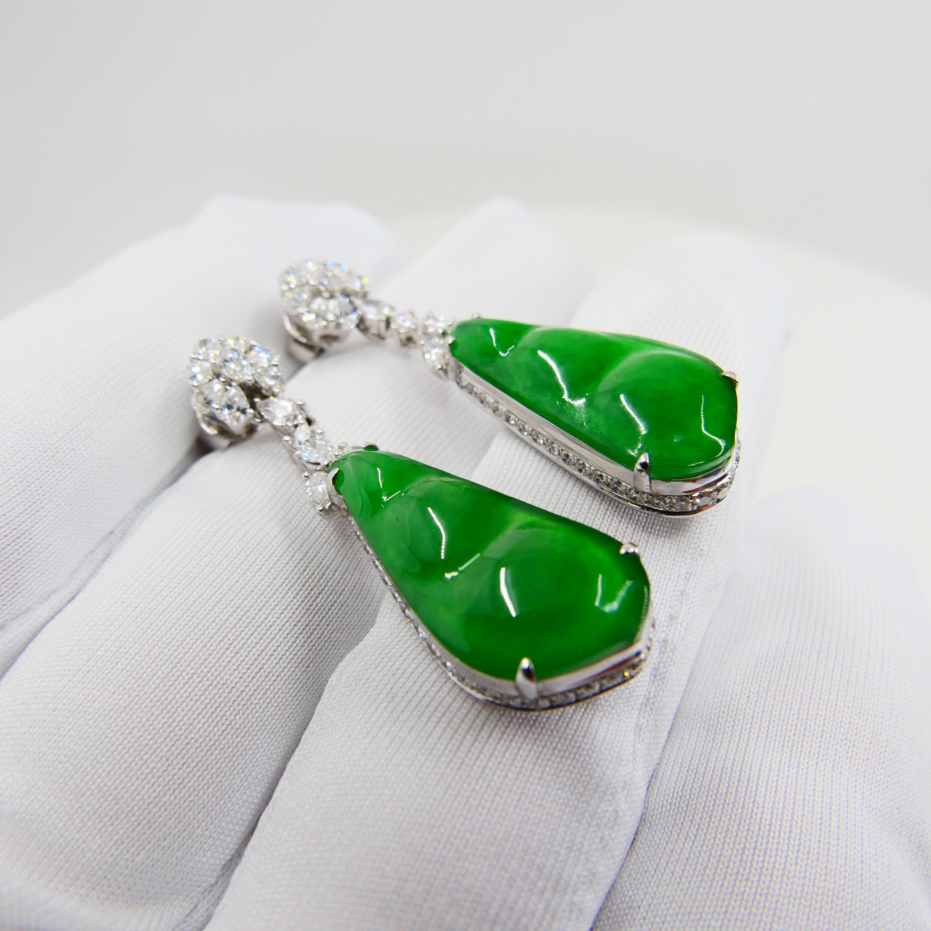 Certified Natural Type A Icy Peapod Jade Diamond Earrings, Intense Apple Green For Sale 7