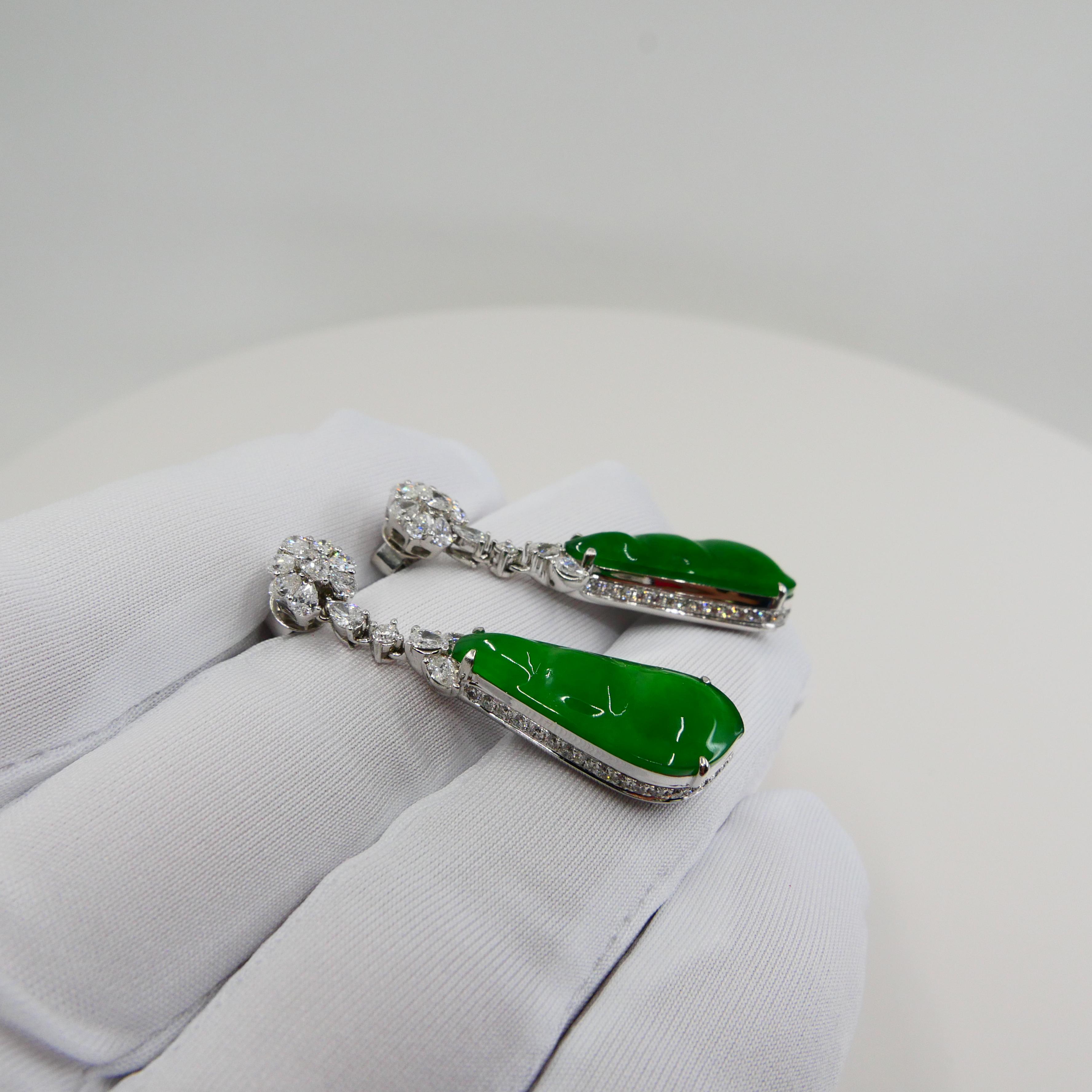 Certified Natural Type A Icy Peapod Jade Diamond Earrings, Intense Apple Green For Sale 8