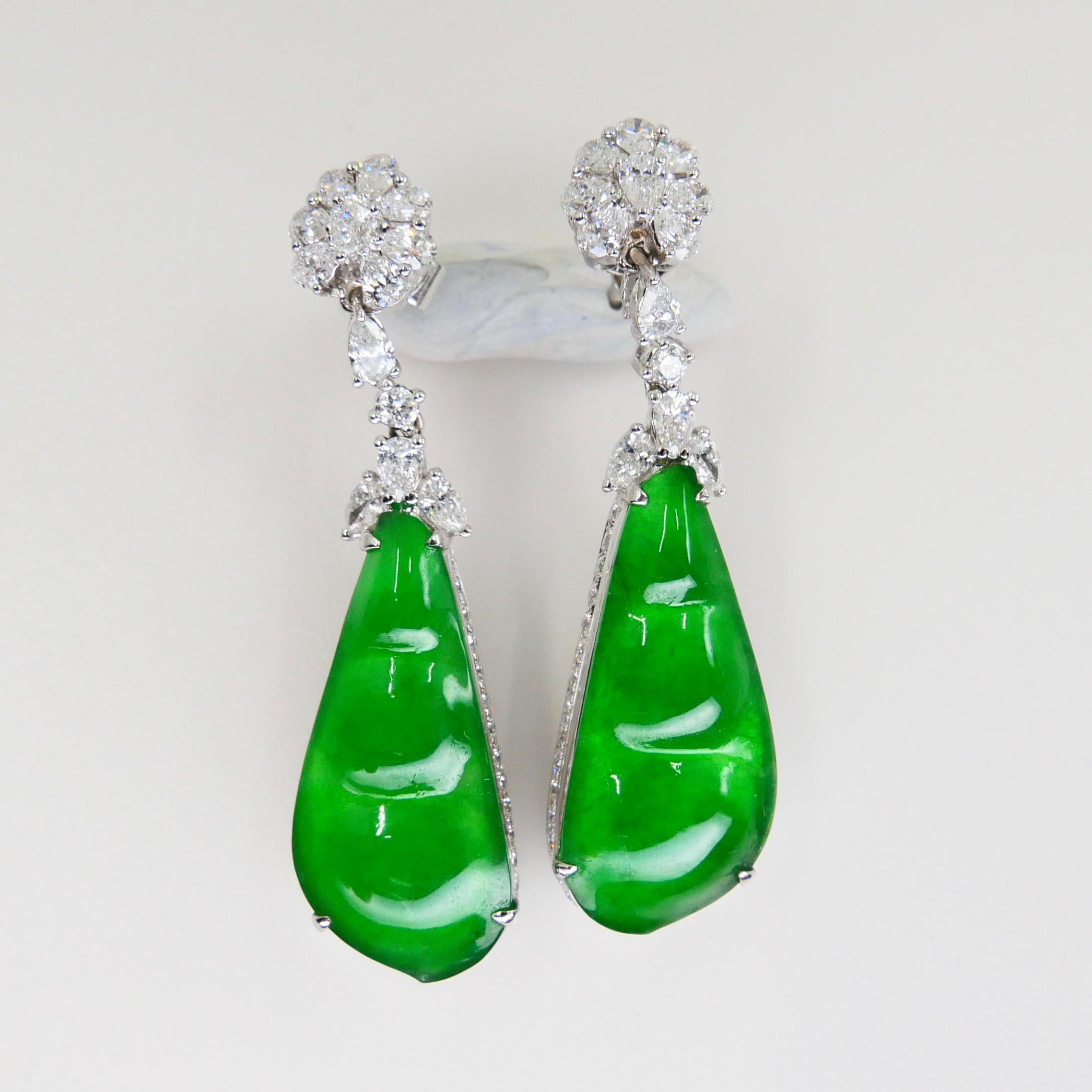 Rough Cut Certified Natural Type A Icy Peapod Jade Diamond Earrings, Intense Apple Green For Sale