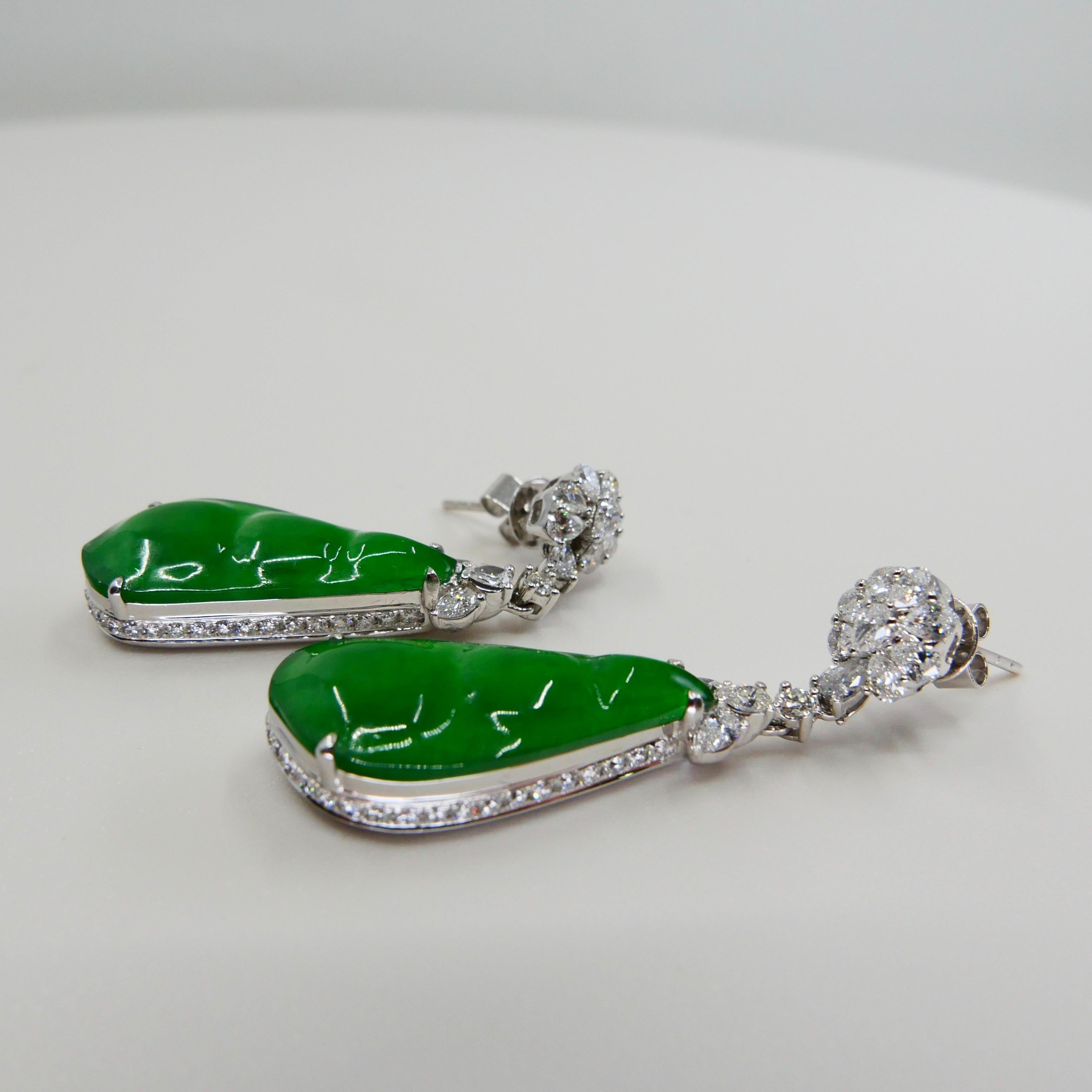 Certified Natural Type A Icy Peapod Jade Diamond Earrings, Intense Apple Green In New Condition For Sale In Hong Kong, HK