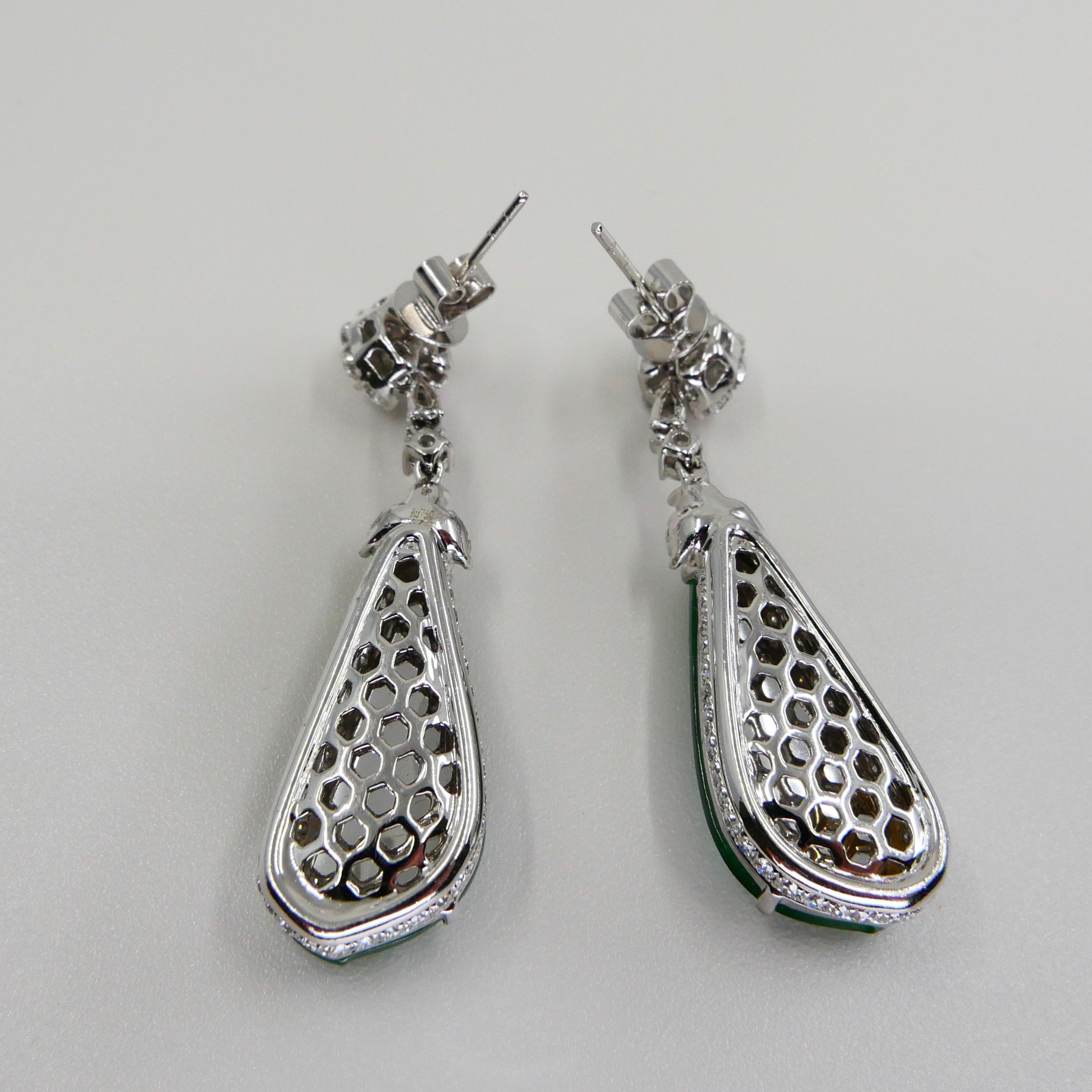 Women's Certified Natural Type A Icy Peapod Jade Diamond Earrings, Intense Apple Green For Sale