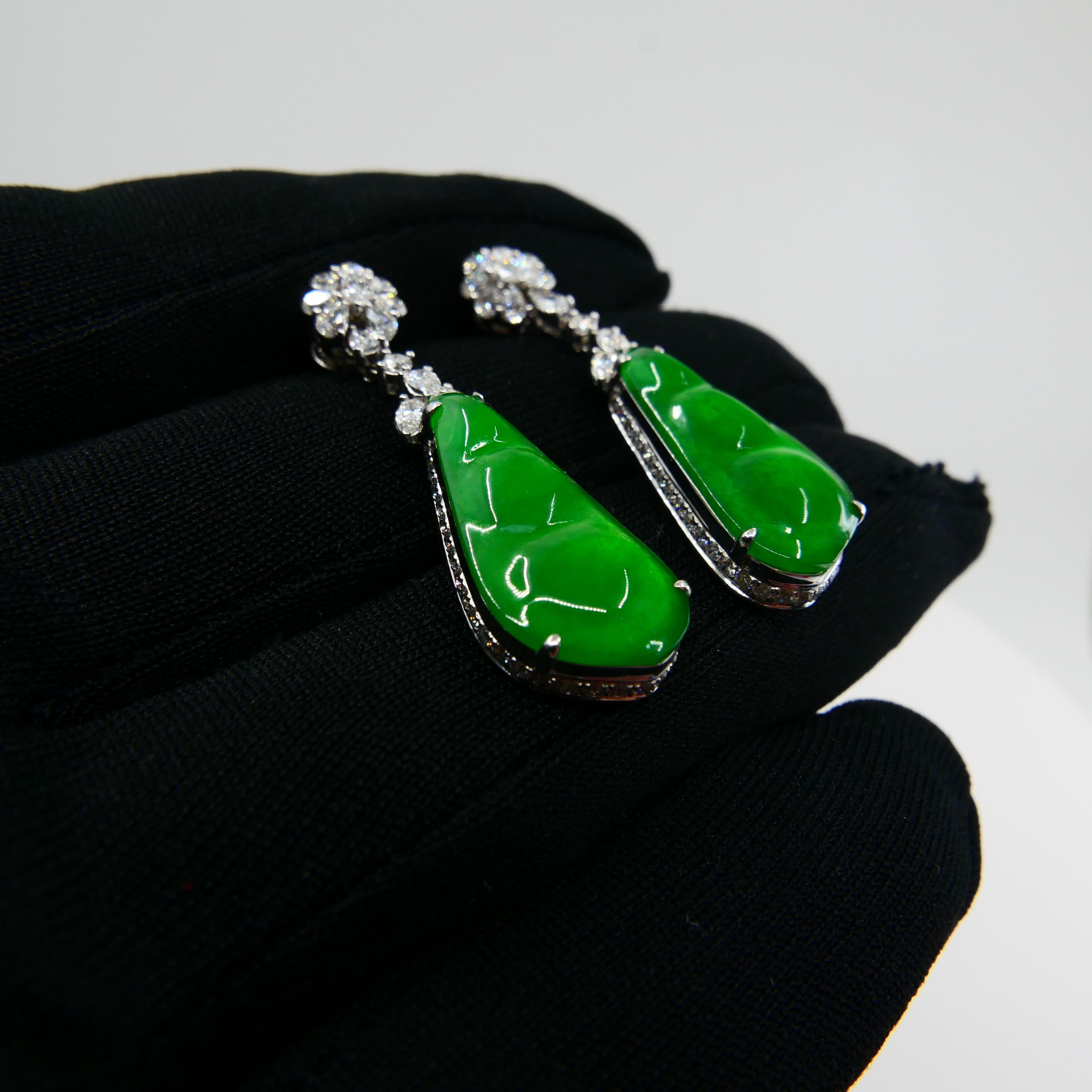 Certified Natural Type A Icy Peapod Jade Diamond Earrings, Intense Apple Green For Sale 1