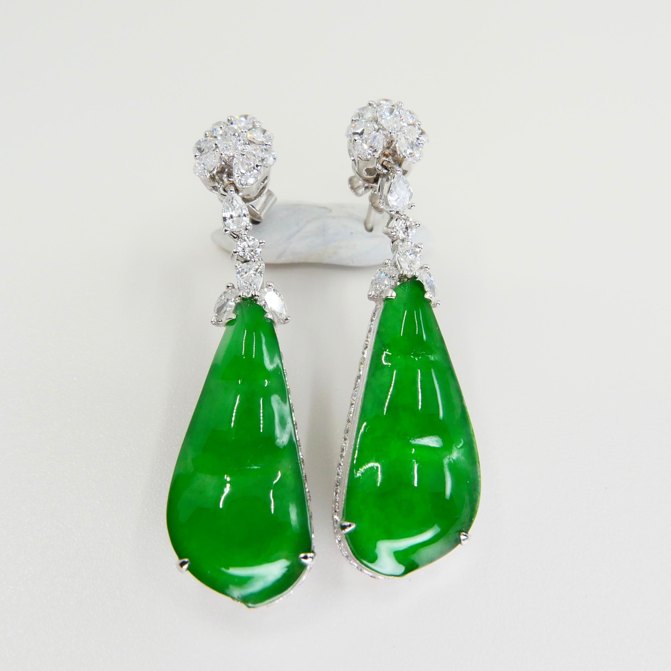 Certified Natural Type A Icy Peapod Jade Diamond Earrings, Intense Apple Green For Sale 2