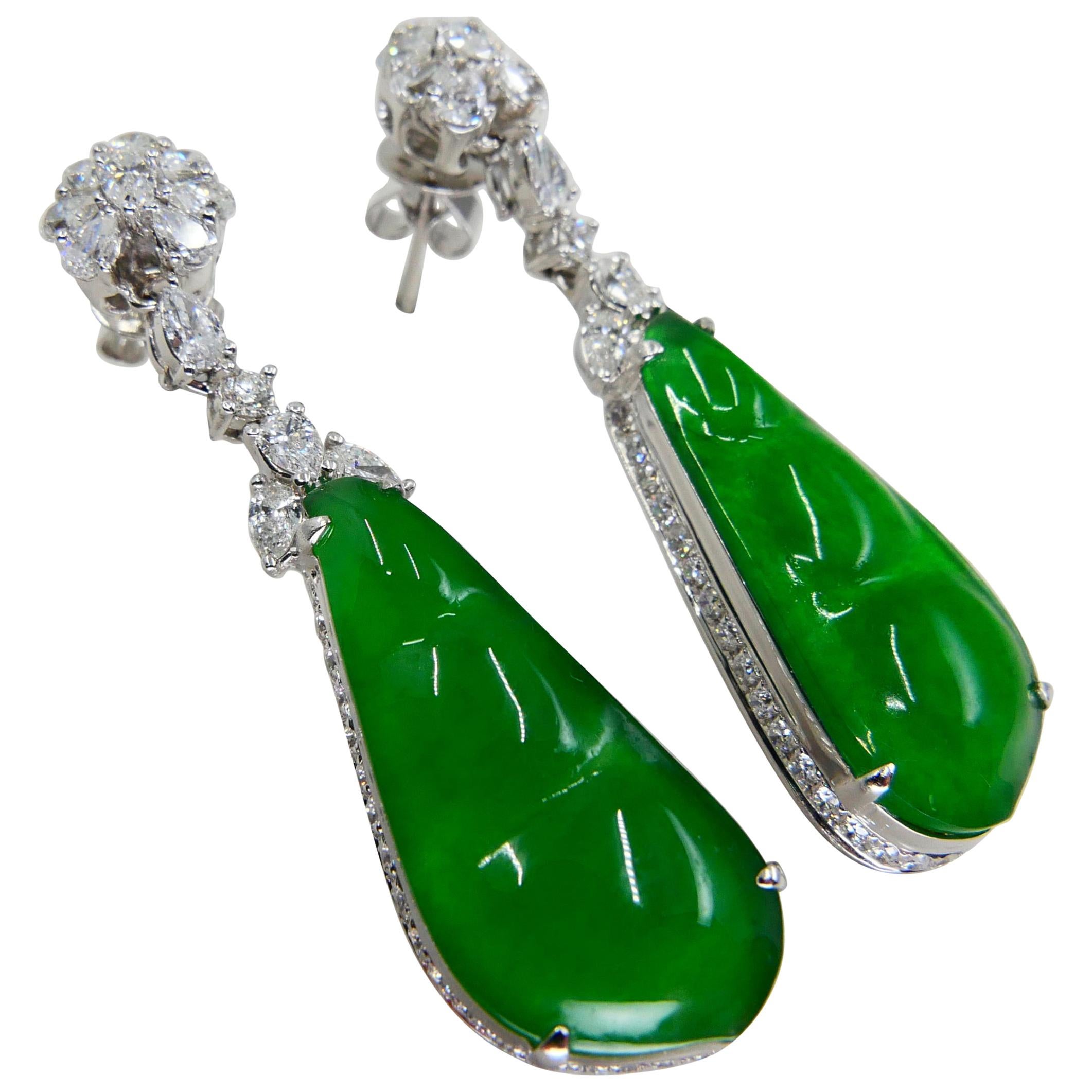 Certified Natural Type A Icy Peapod Jade Diamond Earrings, Intense Apple Green