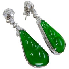 Used Certified Natural Type A Icy Peapod Jade Diamond Earrings, Intense Apple Green