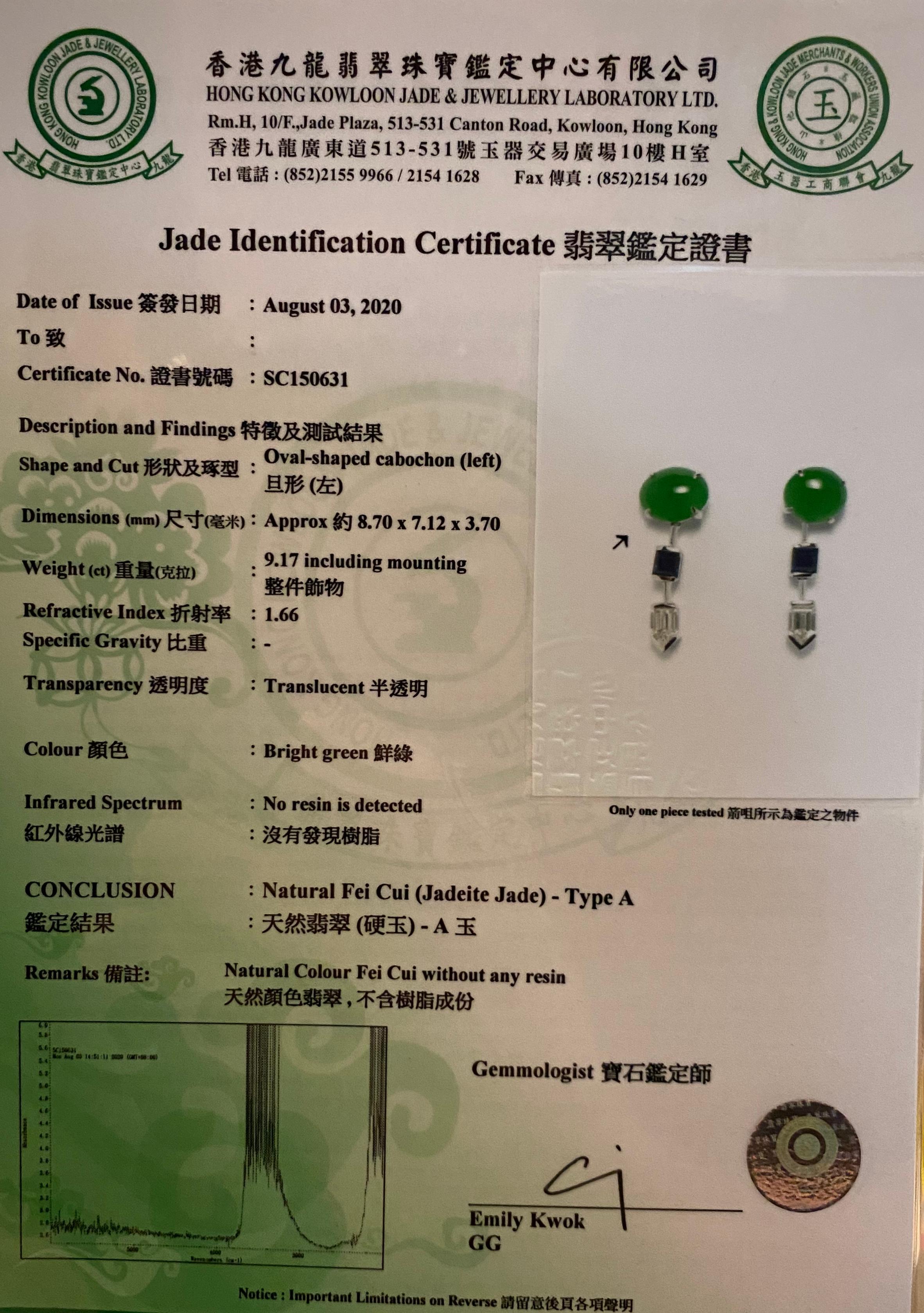 Certified Natural Type A Jade, Diamond & Sapphire Drop Earrings, Apple Green For Sale 5