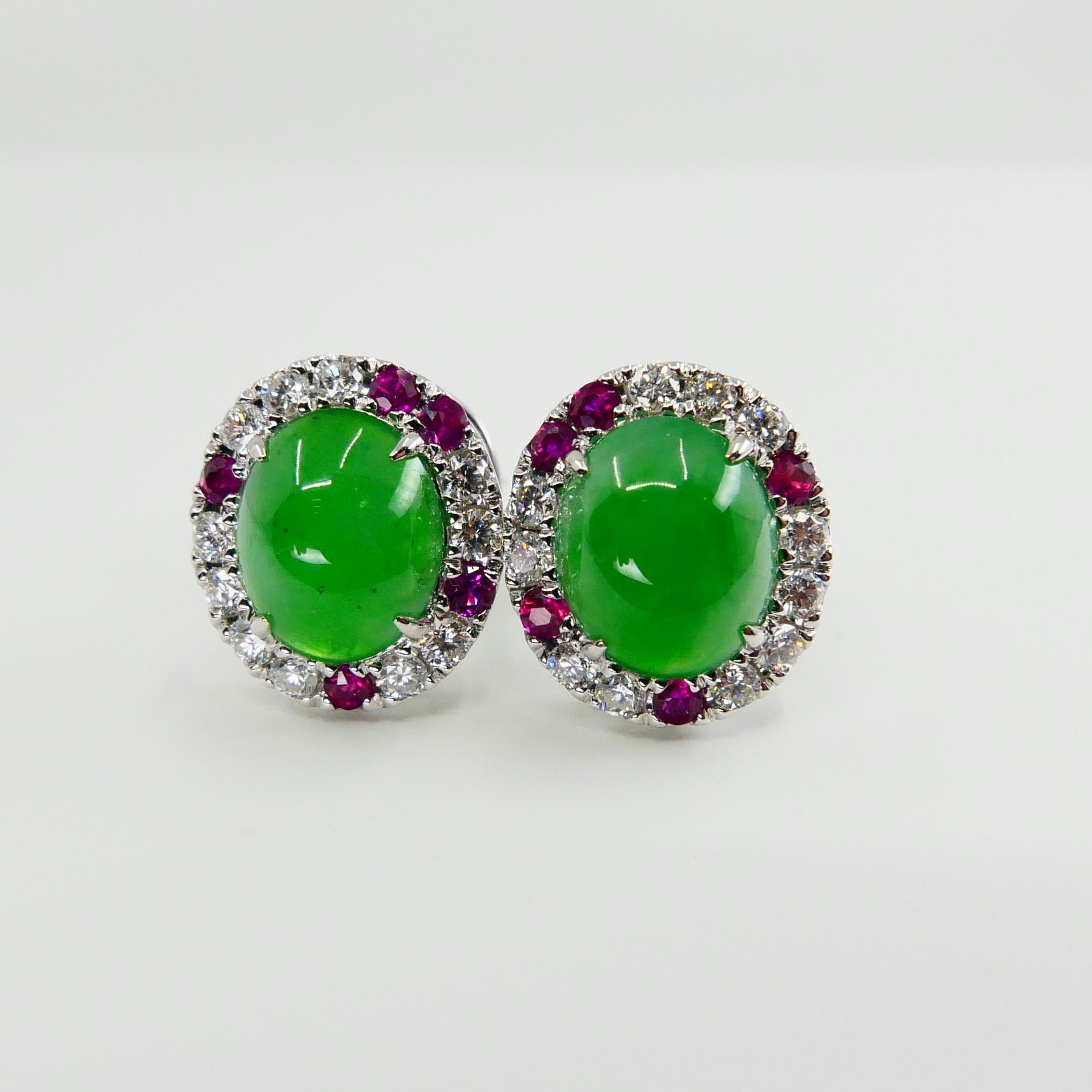 Certified Natural Type A Jade, Ruby and Diamond Stud Earrings, Apple Green Color 4