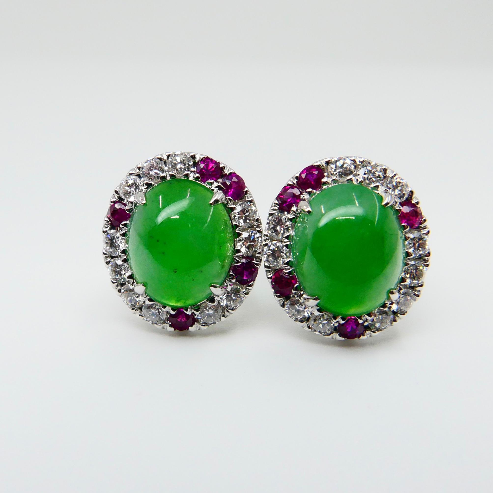 Certified Natural Type A Jade, Ruby and Diamond Stud Earrings, Apple Green Color 6