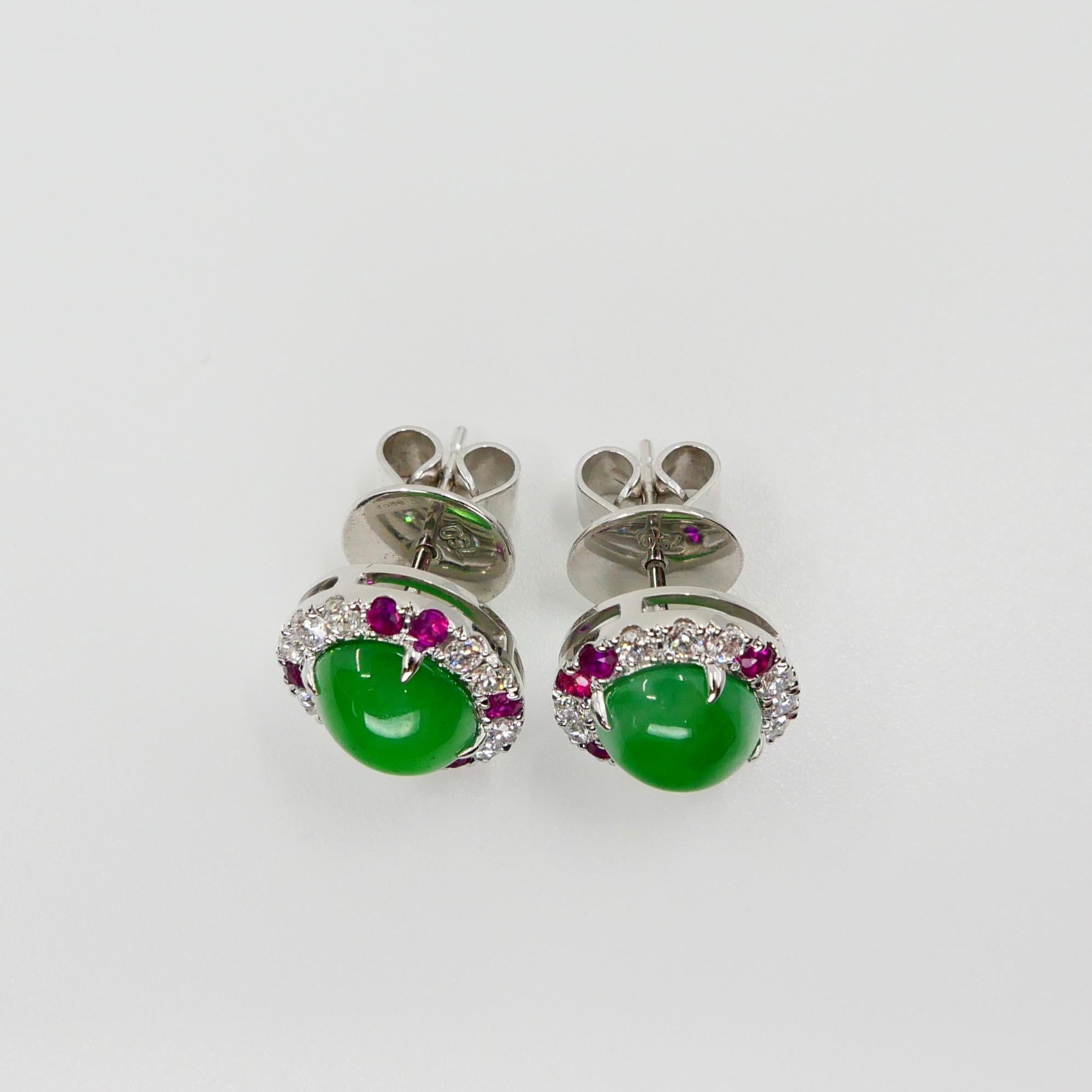 Certified Natural Type A Jade, Ruby and Diamond Stud Earrings, Apple Green Color 7