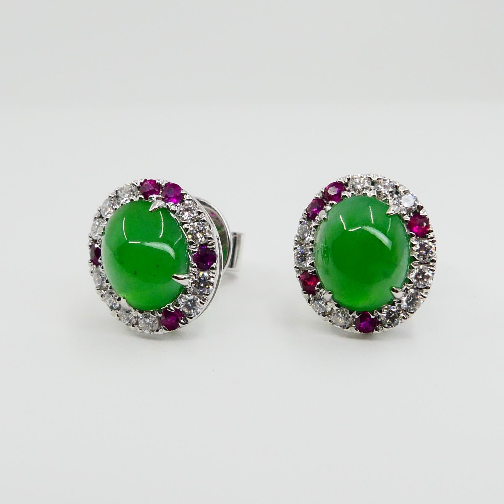 Certified Natural Type A Jade, Ruby and Diamond Stud Earrings, Apple Green Color 8