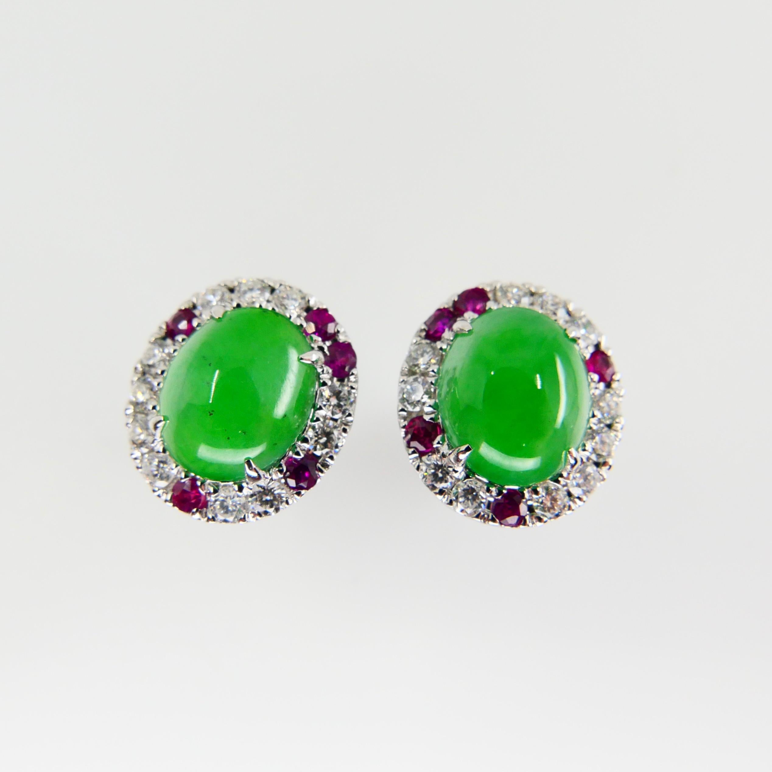Cabochon Certified Natural Type A Jade, Ruby and Diamond Stud Earrings, Apple Green Color