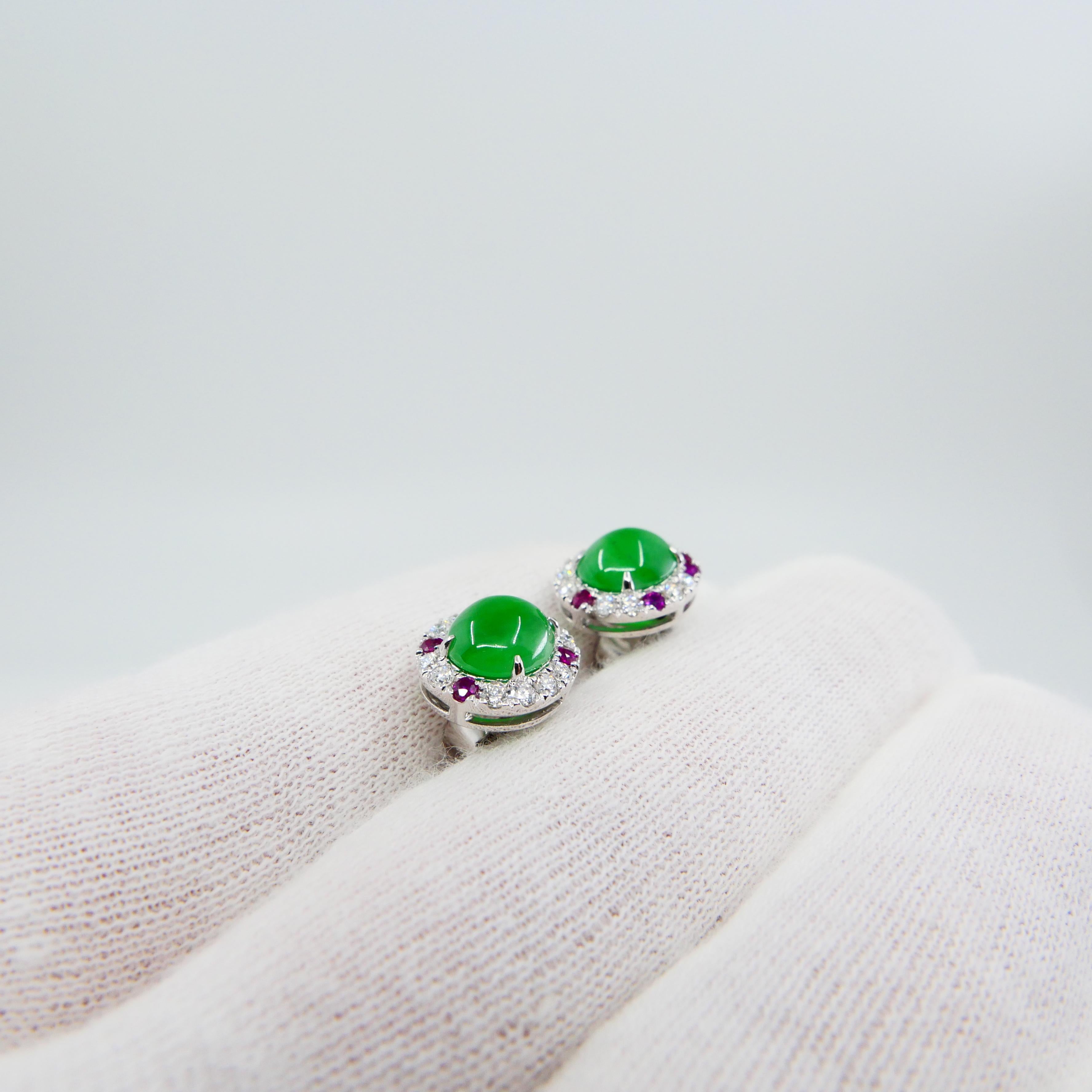 Certified Natural Type A Jade, Ruby and Diamond Stud Earrings, Apple Green Color In New Condition In Hong Kong, HK