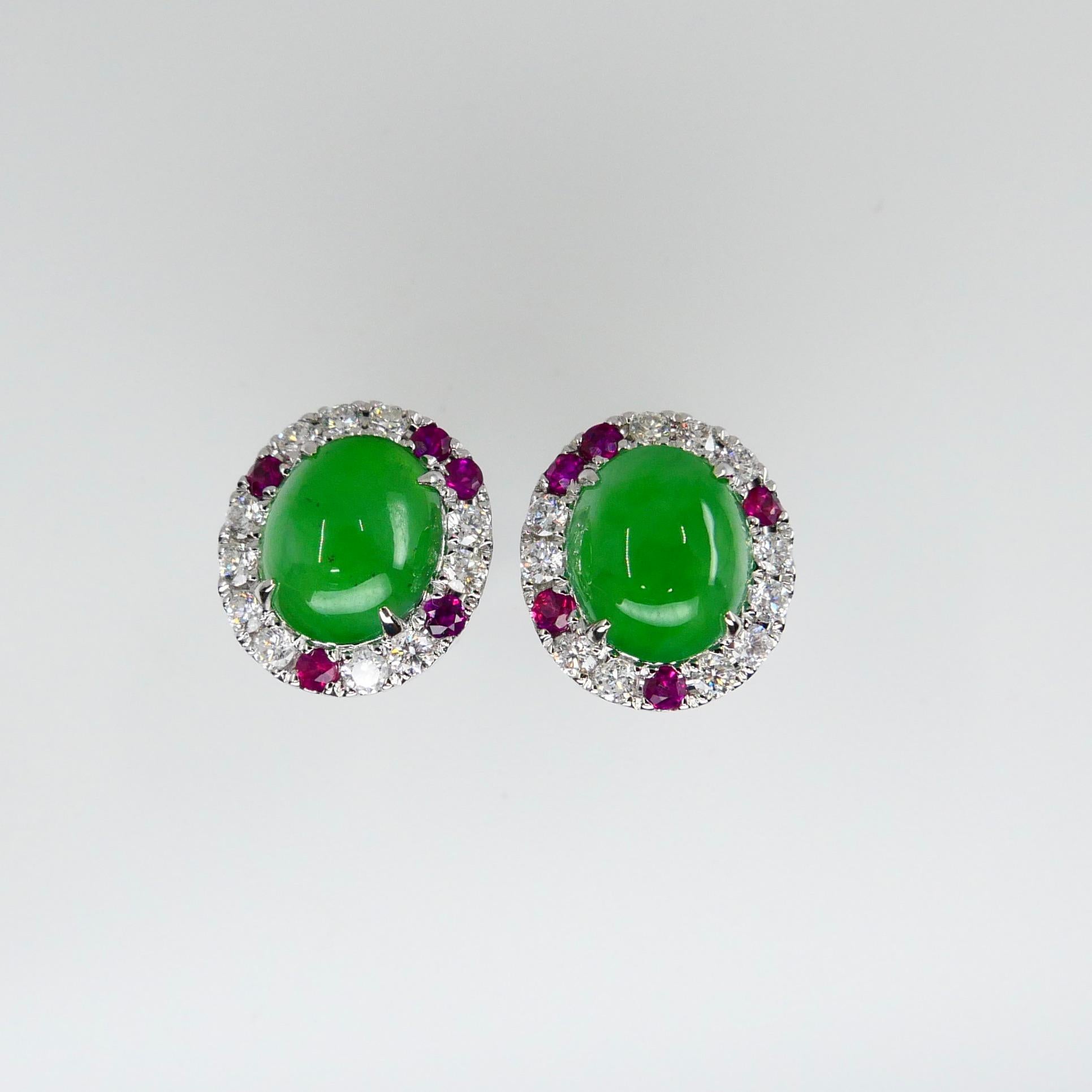Women's Certified Natural Type A Jade, Ruby and Diamond Stud Earrings, Apple Green Color