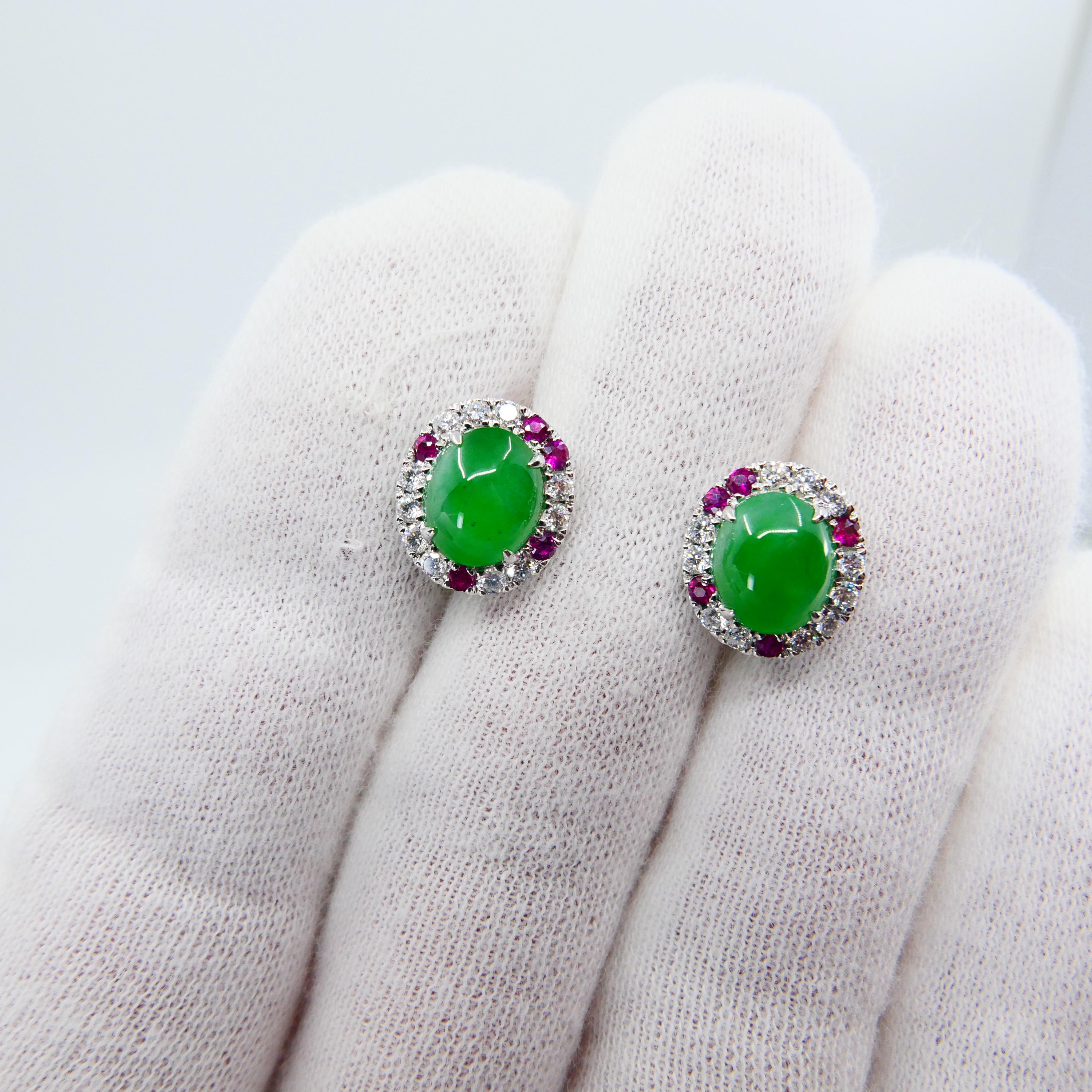 Certified Natural Type A Jade, Ruby and Diamond Stud Earrings, Apple Green Color 1