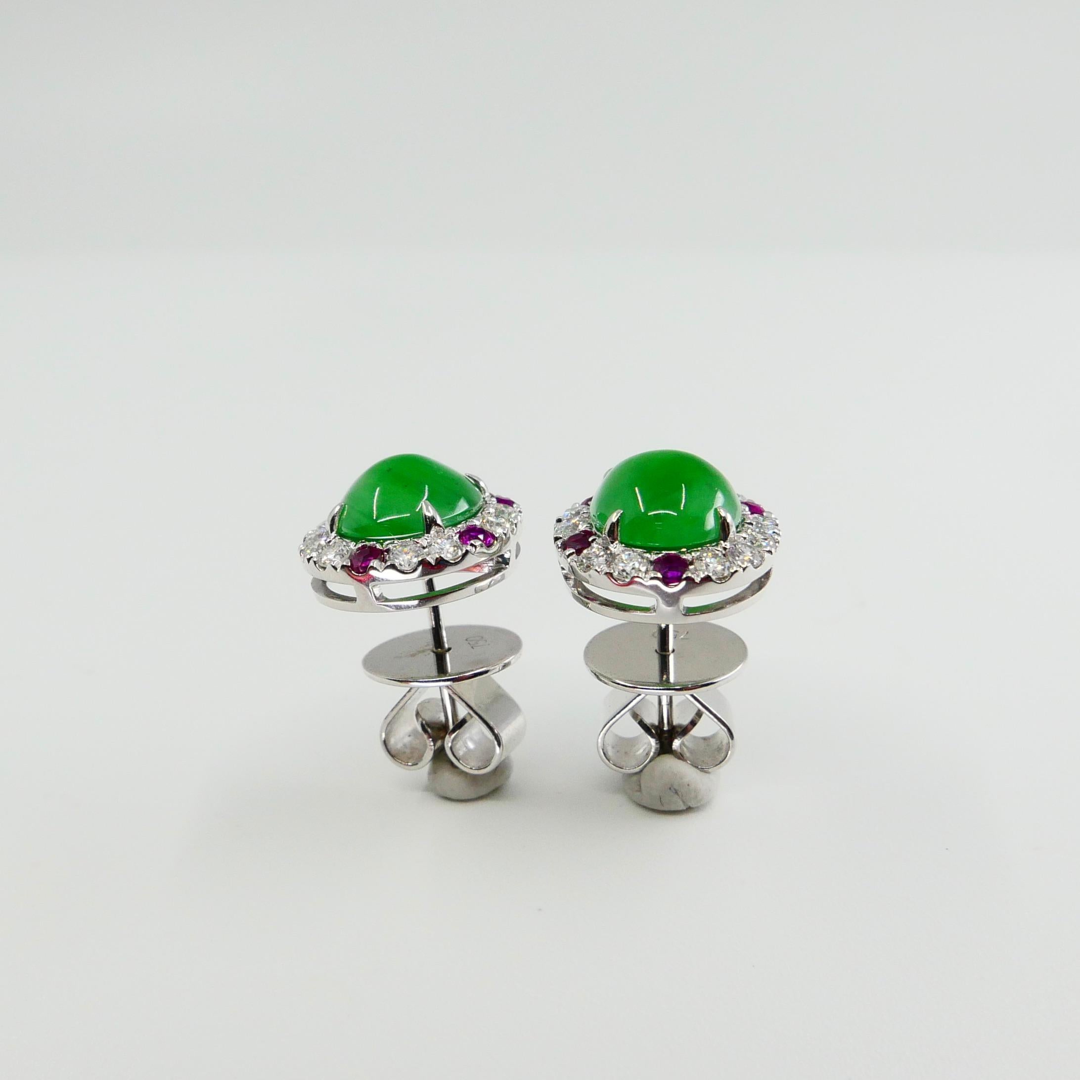 Certified Natural Type A Jade, Ruby and Diamond Stud Earrings, Apple Green Color 2