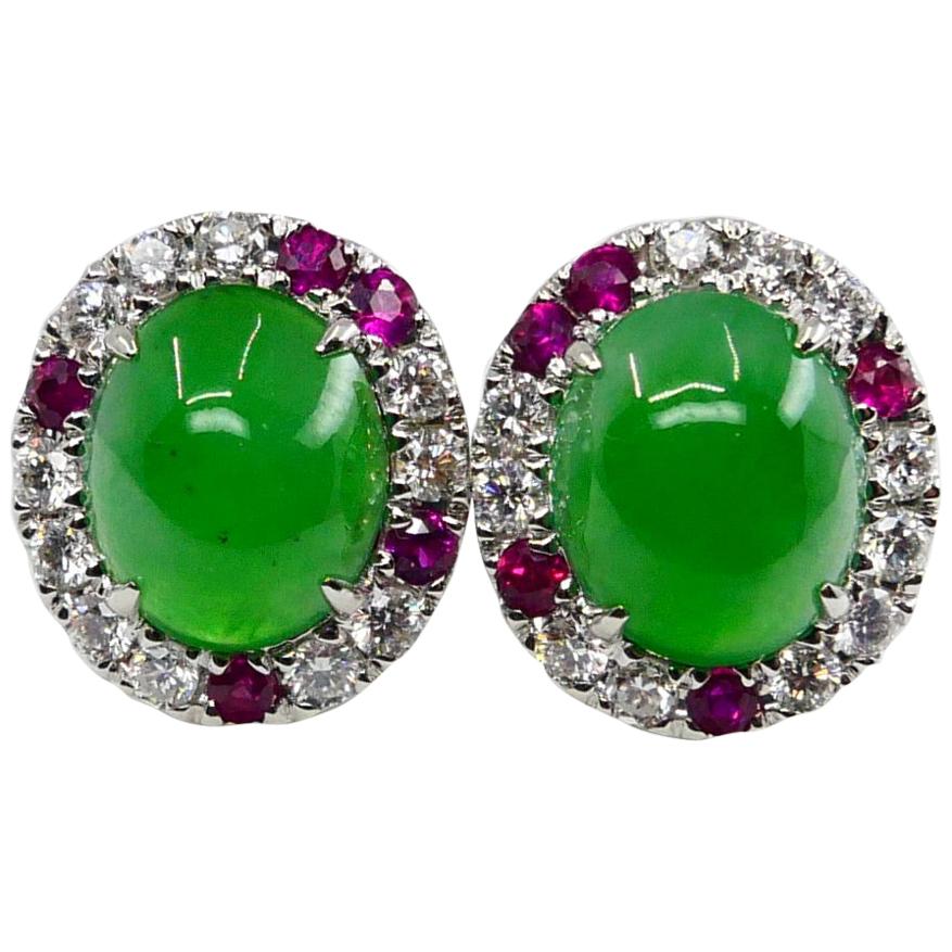Certified Natural Type A Jade, Ruby and Diamond Stud Earrings, Apple Green Color