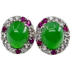 Certified Natural Type A Jade, Ruby and Diamond Stud Earrings, Apple Green Color