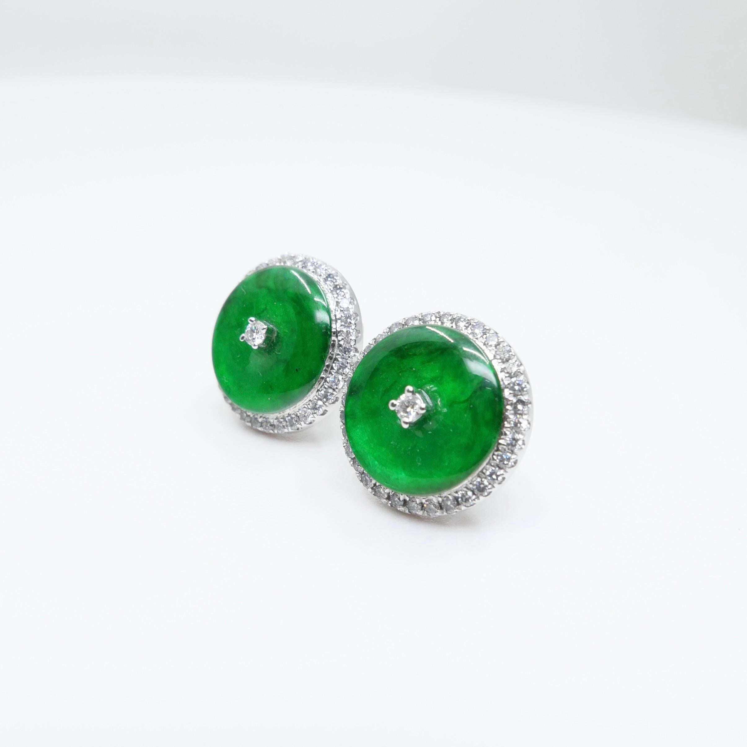Certified Natural Type A Jadeite Jade And Diamond Earrings. Apple Green Color 5